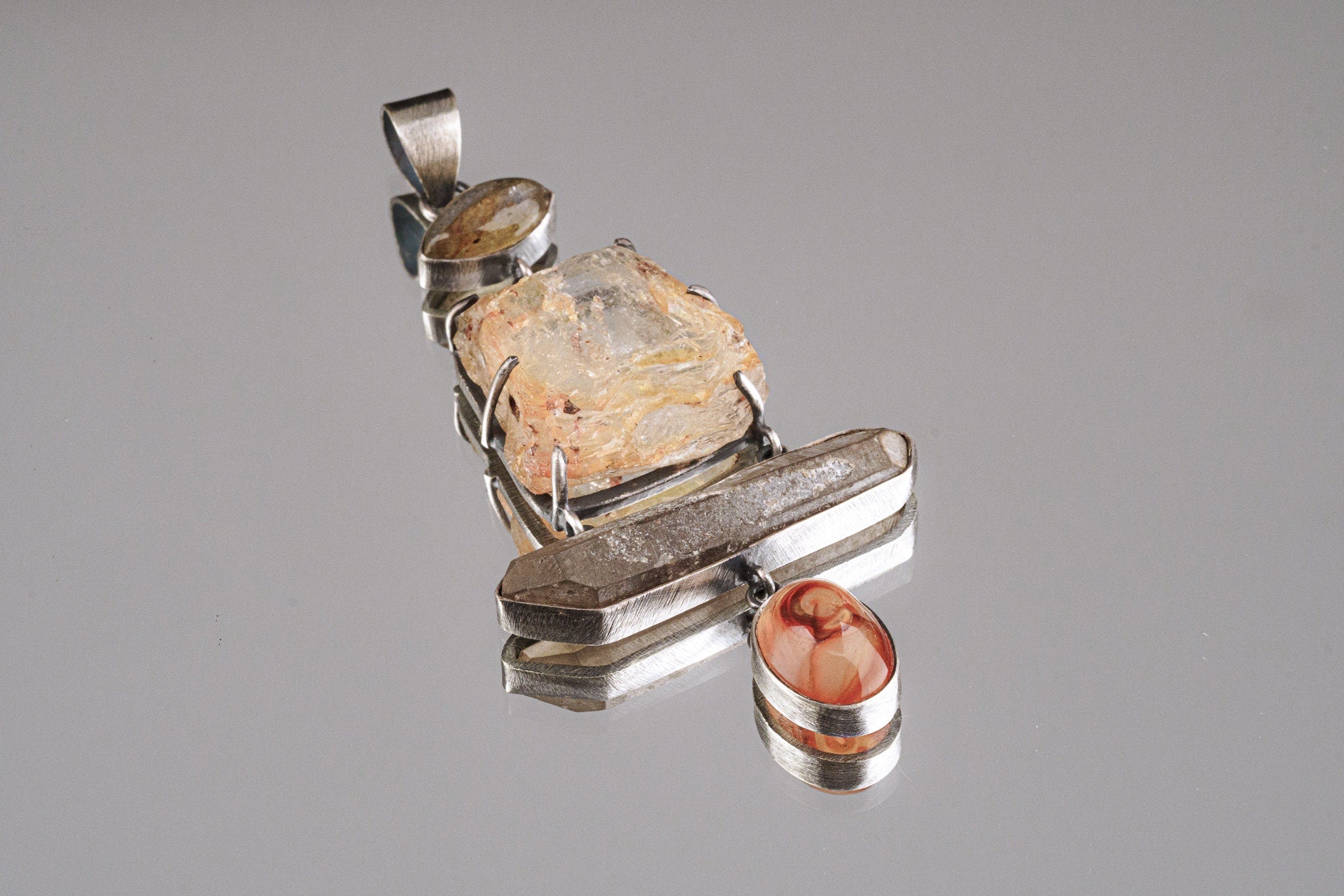 Australian raw gem Aquamarine with rainbows, local Smokey & Agate crowned with Labradorite eye - Sterling Silver - Rustic Finish - Pendant