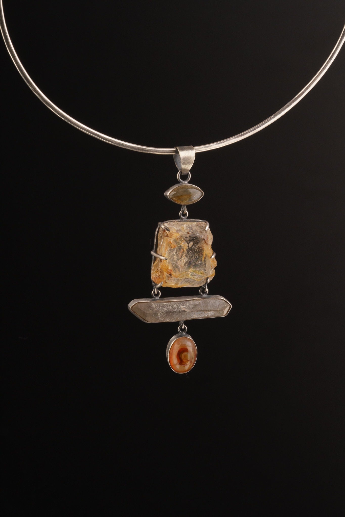 Australian raw gem Aquamarine with rainbows, local Smokey & Agate crowned with Labradorite eye - Sterling Silver - Rustic Finish - Pendant