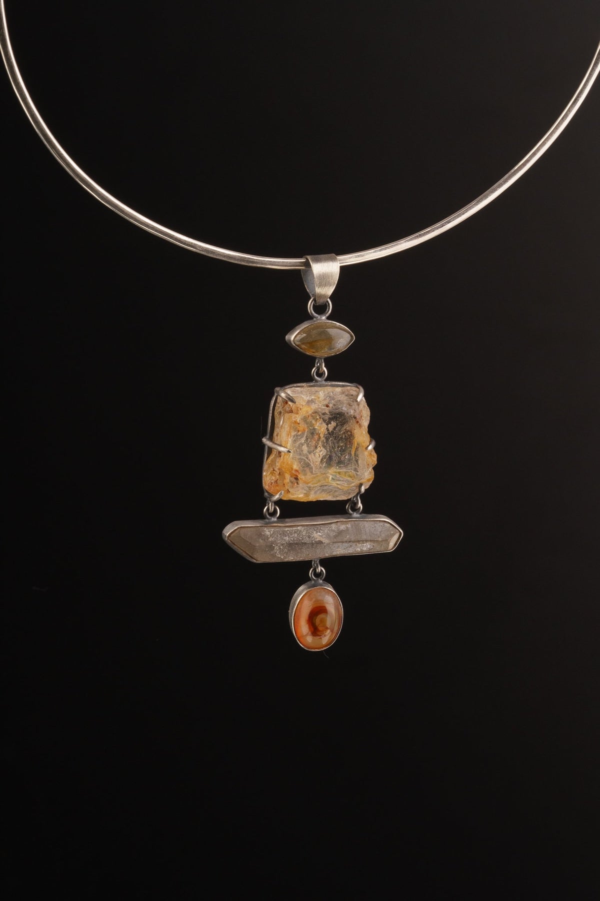 Australian raw gem Aquamarine with rainbows, local Smokey & Agate crowned with Labradorite eye - Sterling Silver - Rustic Finish - Pendant