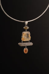 Australian raw gem Aquamarine with rainbows, local Smokey & Agate crowned with Labradorite eye - Sterling Silver - Rustic Finish - Pendant