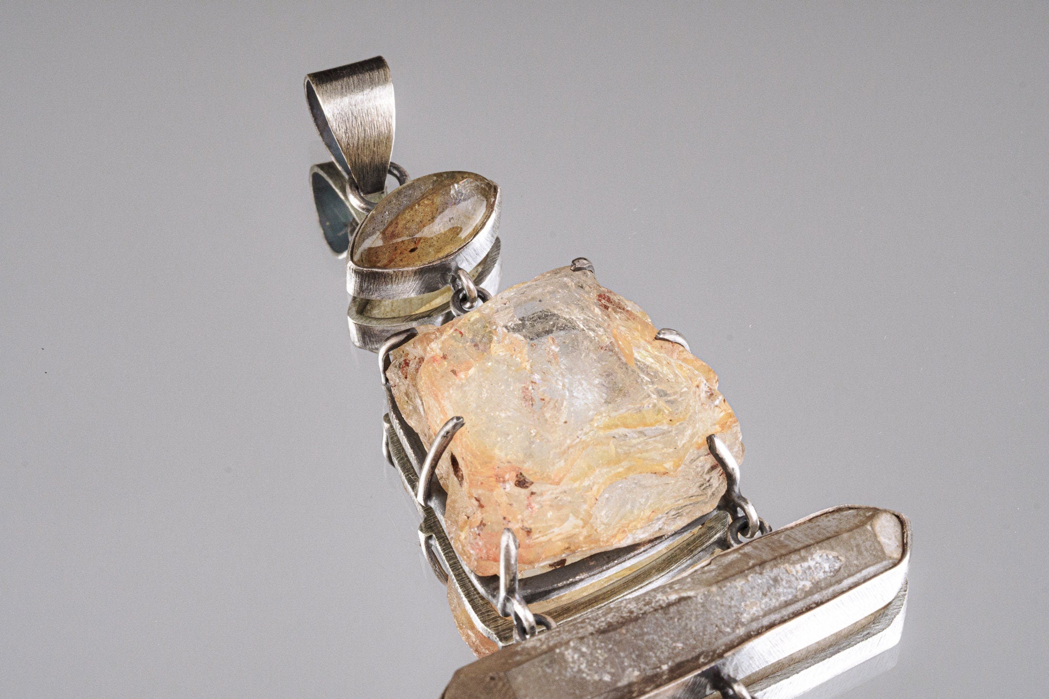 Australian raw gem Aquamarine with rainbows, local Smokey & Agate crowned with Labradorite eye - Sterling Silver - Rustic Finish - Pendant