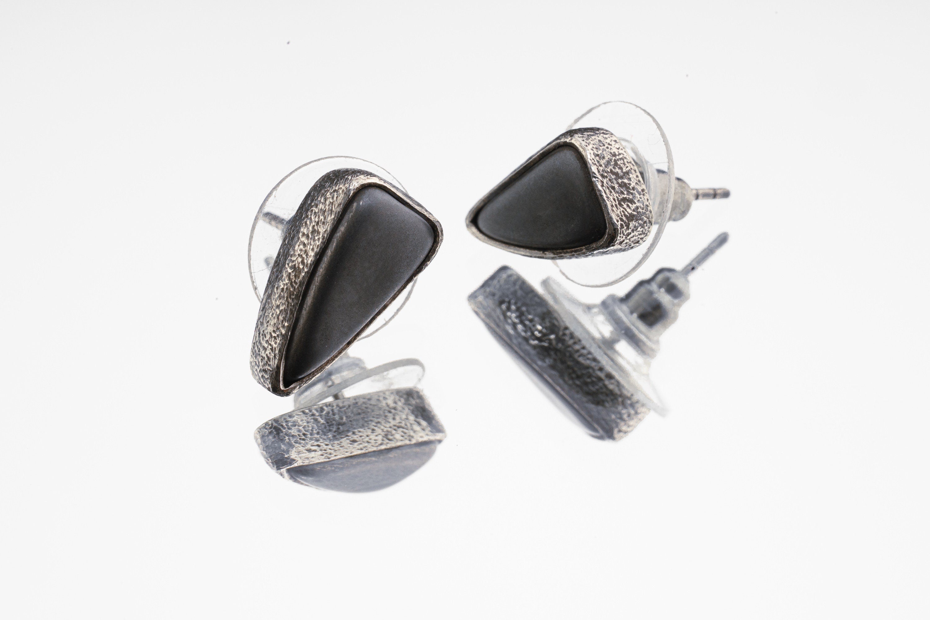 Hematite Stud- Textured Finish - organic shaped Pair - Sterling Silver - Freeform Earring Studs