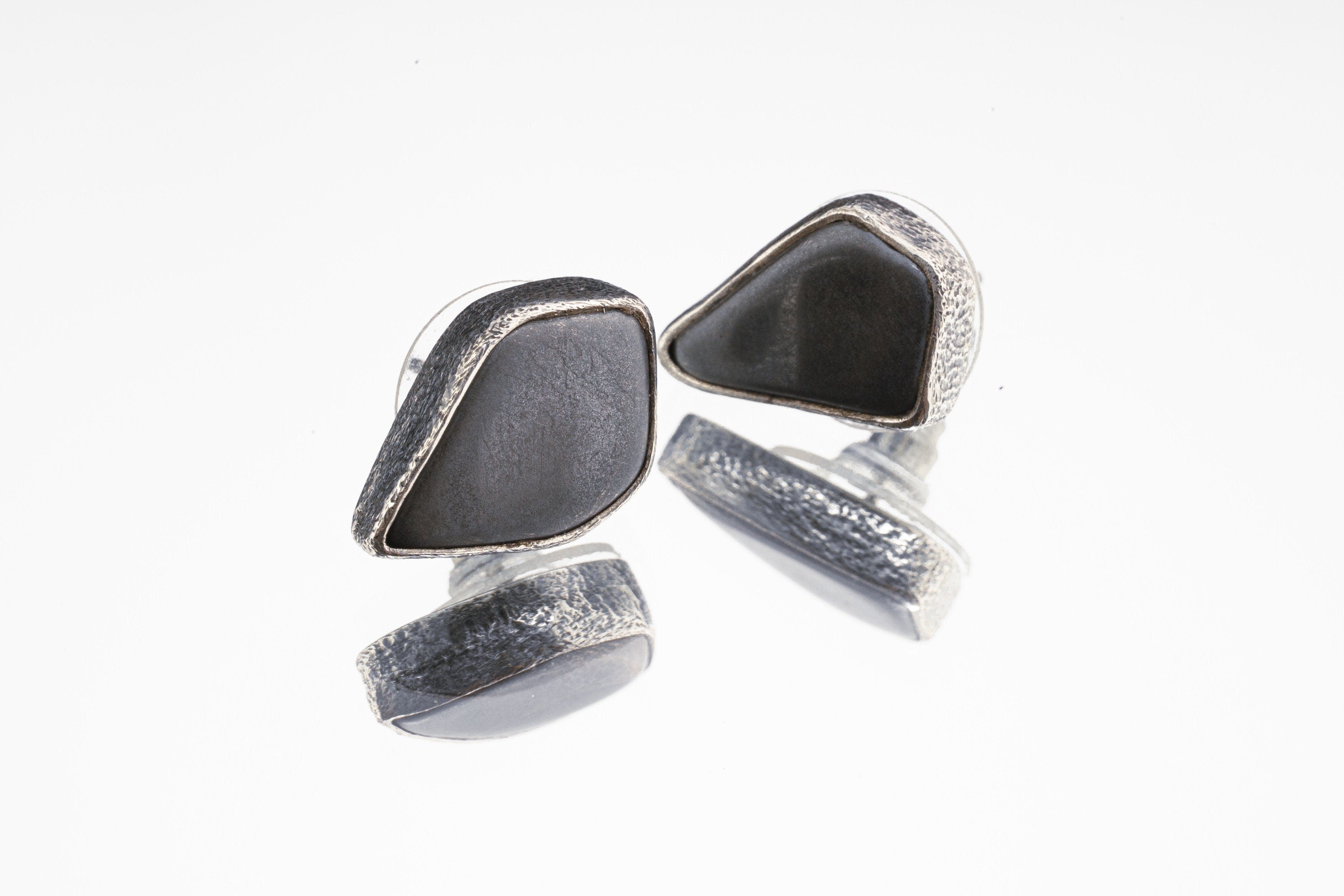 Hematite Stud- Textured Finish - organic shaped Pair - Sterling Silver - Freeform Earring Studs
