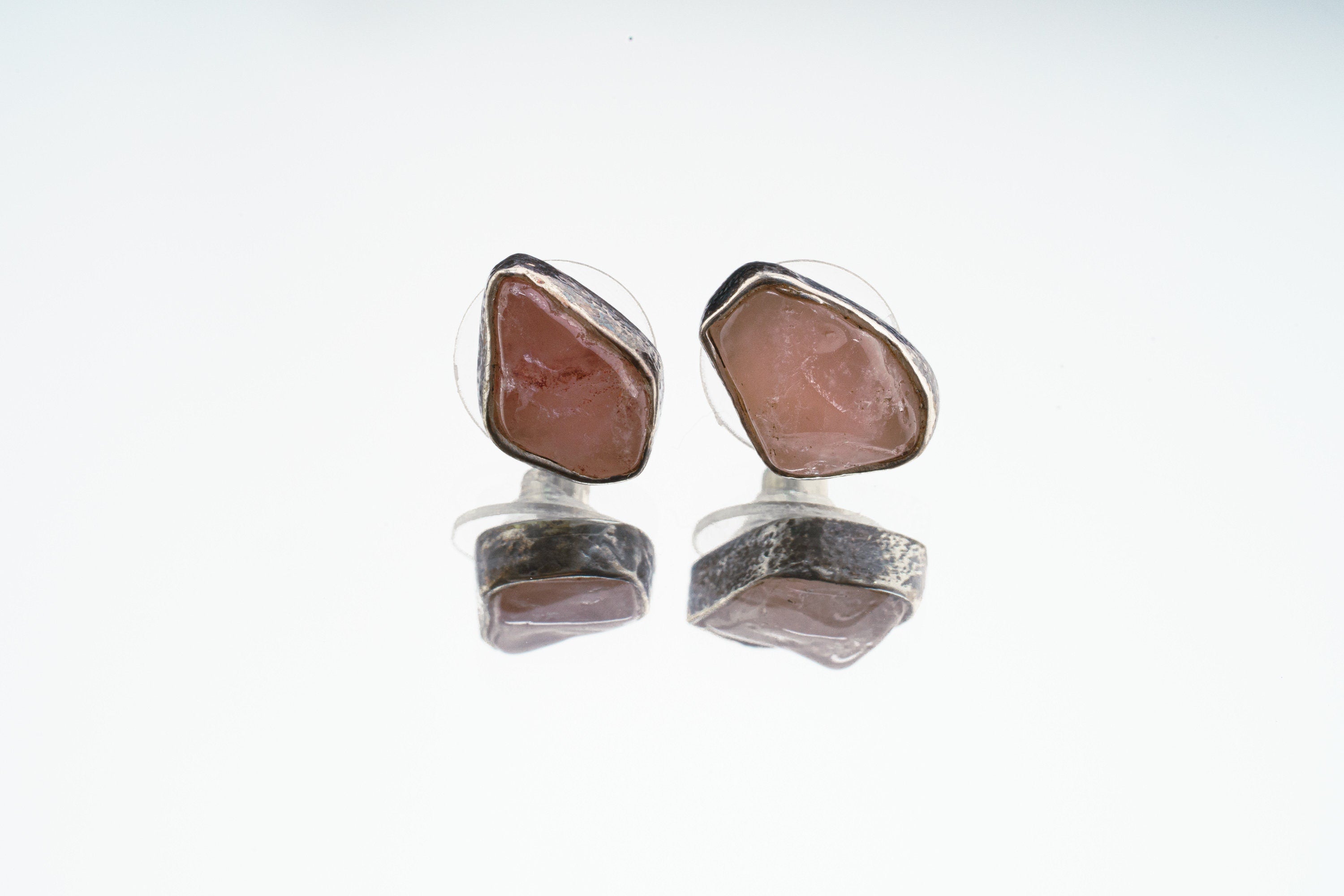Rose Quartz Stud - organic shaped Pair - Sterling Silver - Oxidised & Textured Finish - Freeform Earring Studs