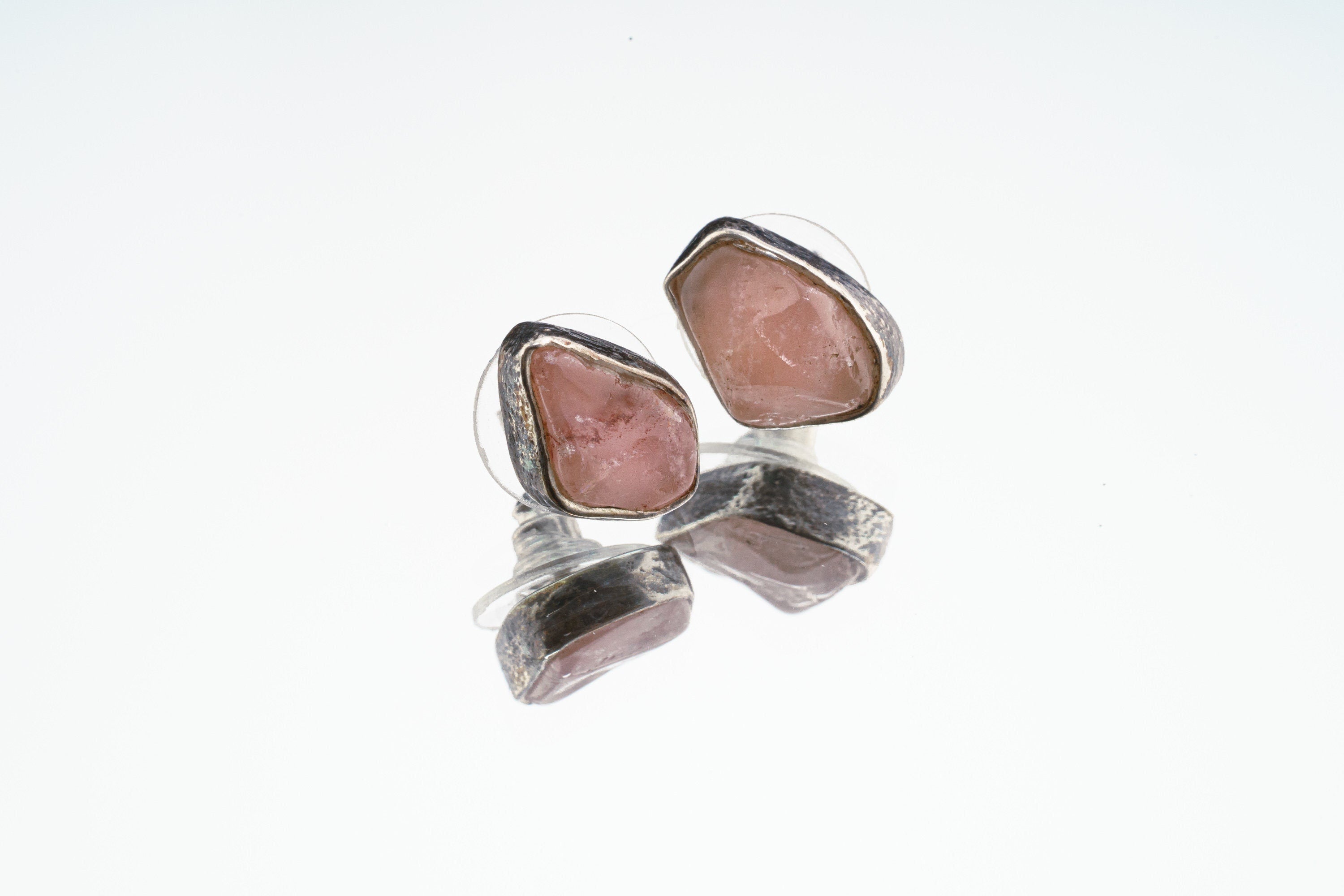 Rose Quartz Stud - organic shaped Pair - Sterling Silver - Oxidised & Textured Finish - Freeform Earring Studs