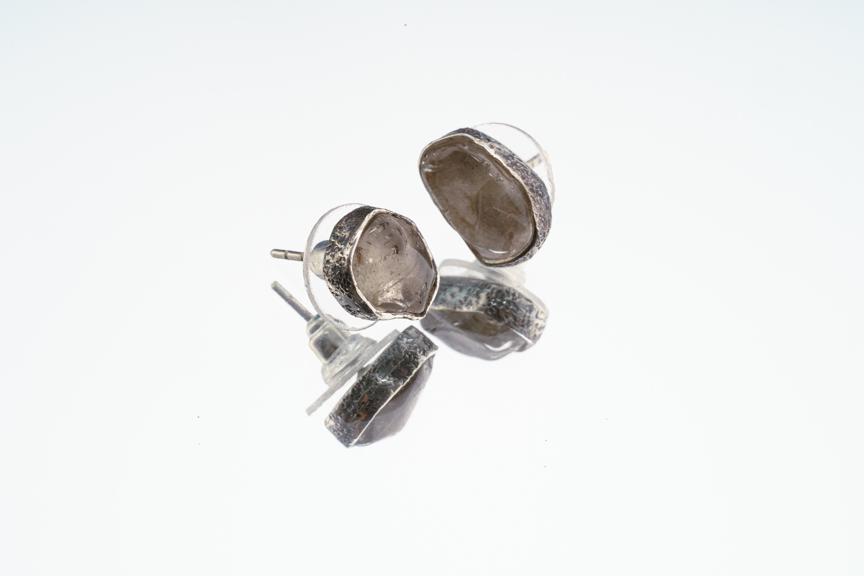 Smoky Quartz Stud -Textured Finish - organic shaped Pair- Sterling Silver - Freeform Earring Studs