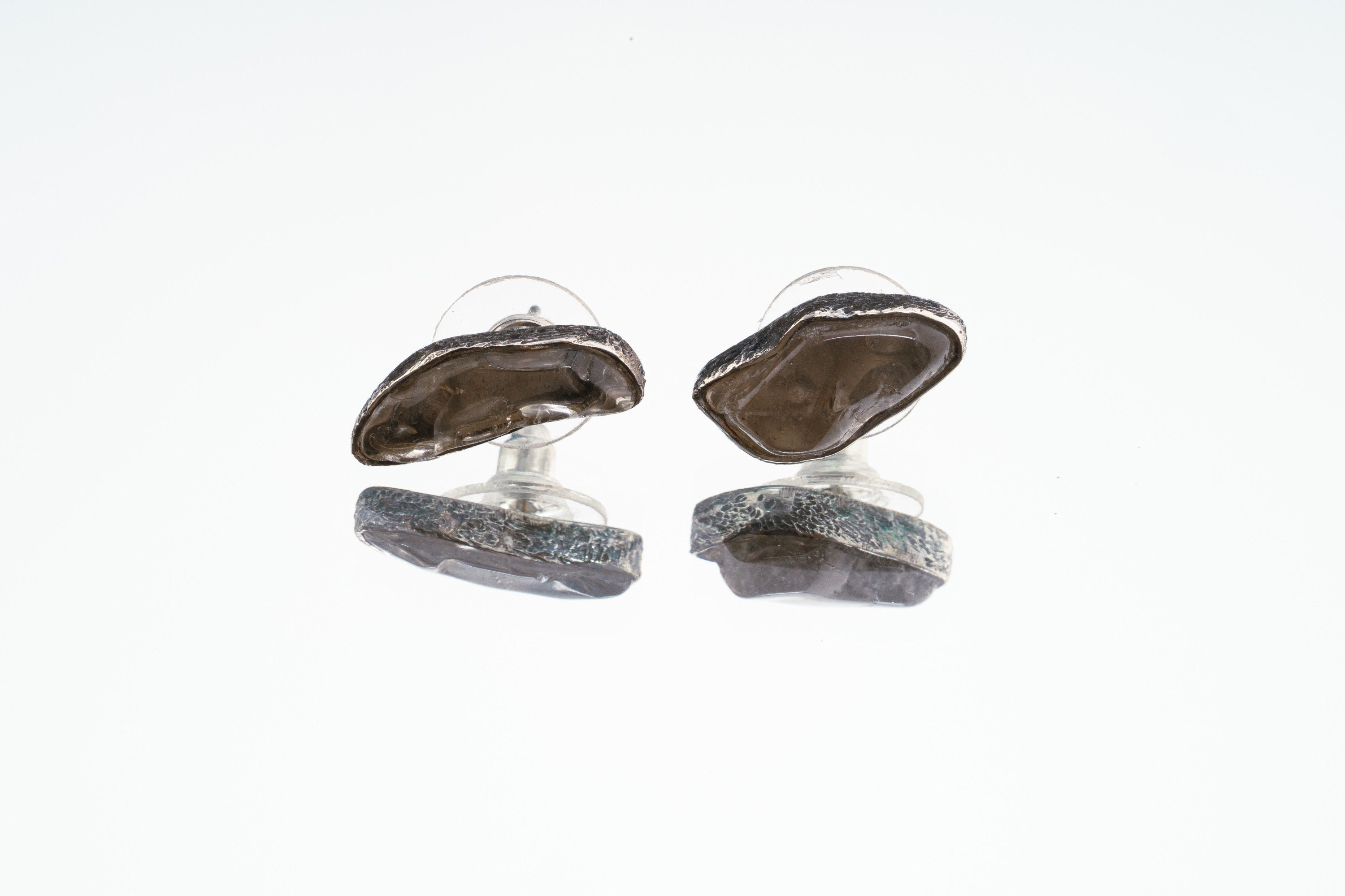 Smoky Quartz Stud -Textured Finish - organic shaped Pair- Sterling Silver - Freeform Earring Studs