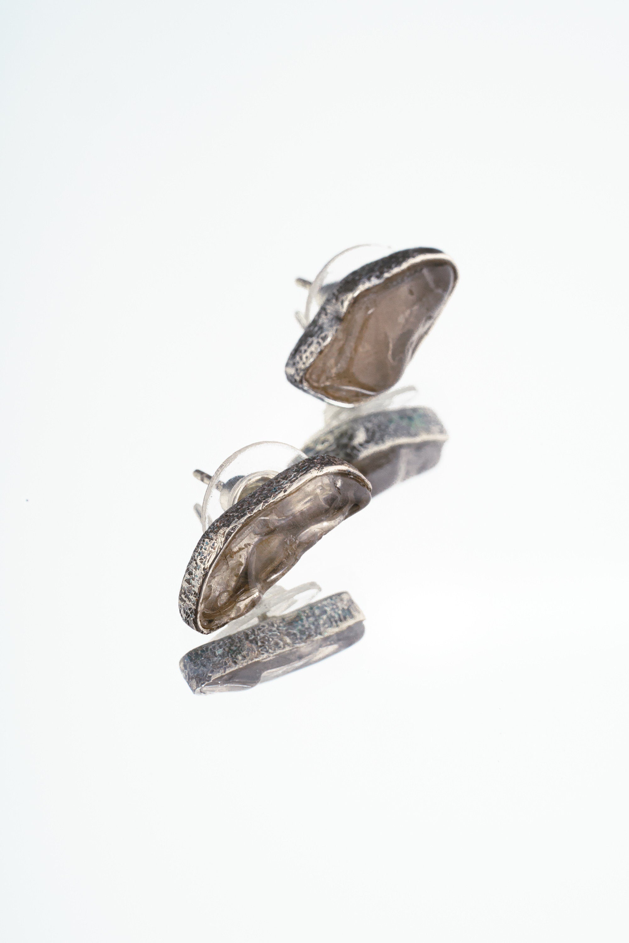 Smoky Quartz Stud -Textured Finish - organic shaped Pair- Sterling Silver - Freeform Earring Studs