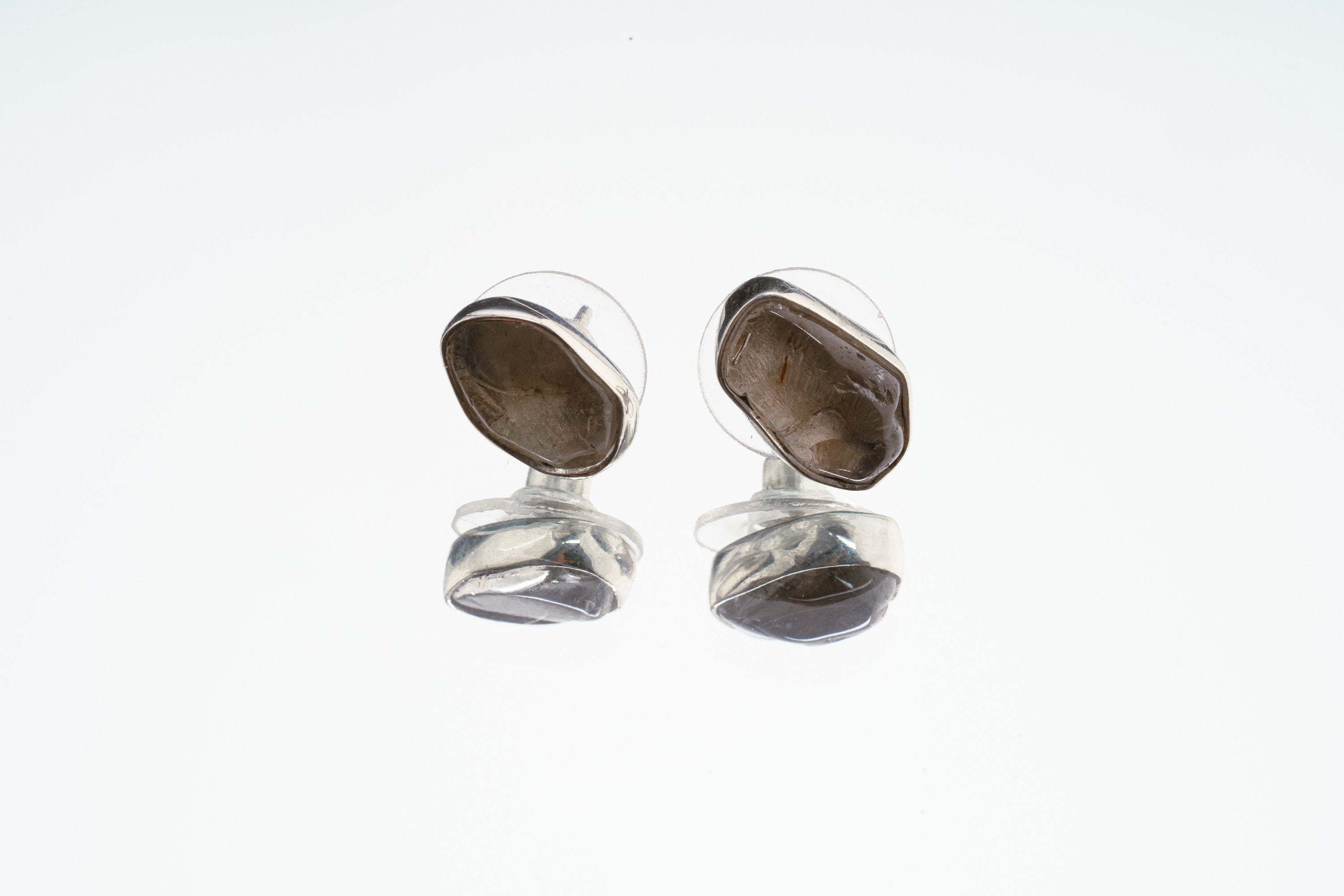 Smoky Quartz Stud - organic shaped Pair- Sterling Silver - Polished finish - Freeform Earring Studs