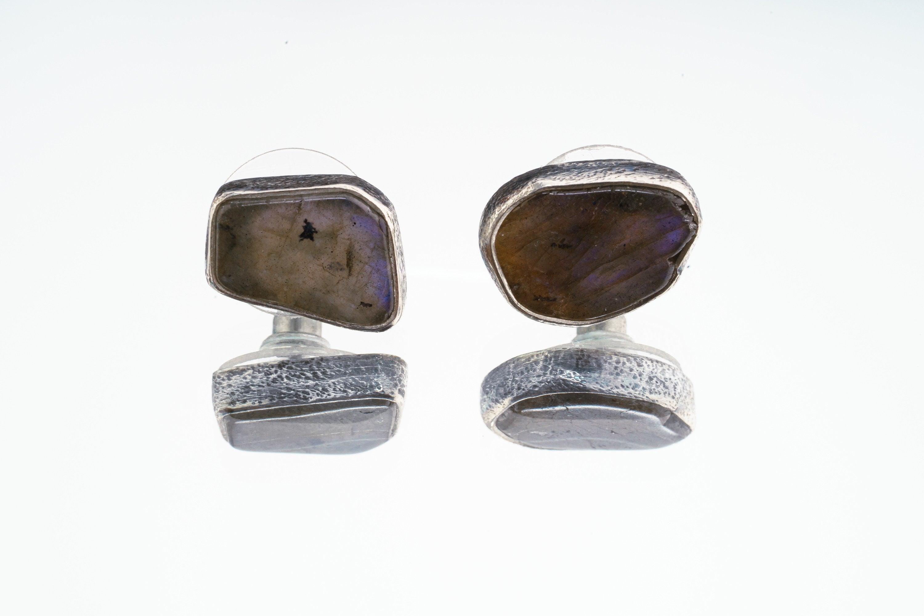 Sterling Silver Rainbow Labradorite Studs Organic Shaped Pair with Oxidized Textured Finish Freeform Earring Studs Express Your Unique Style