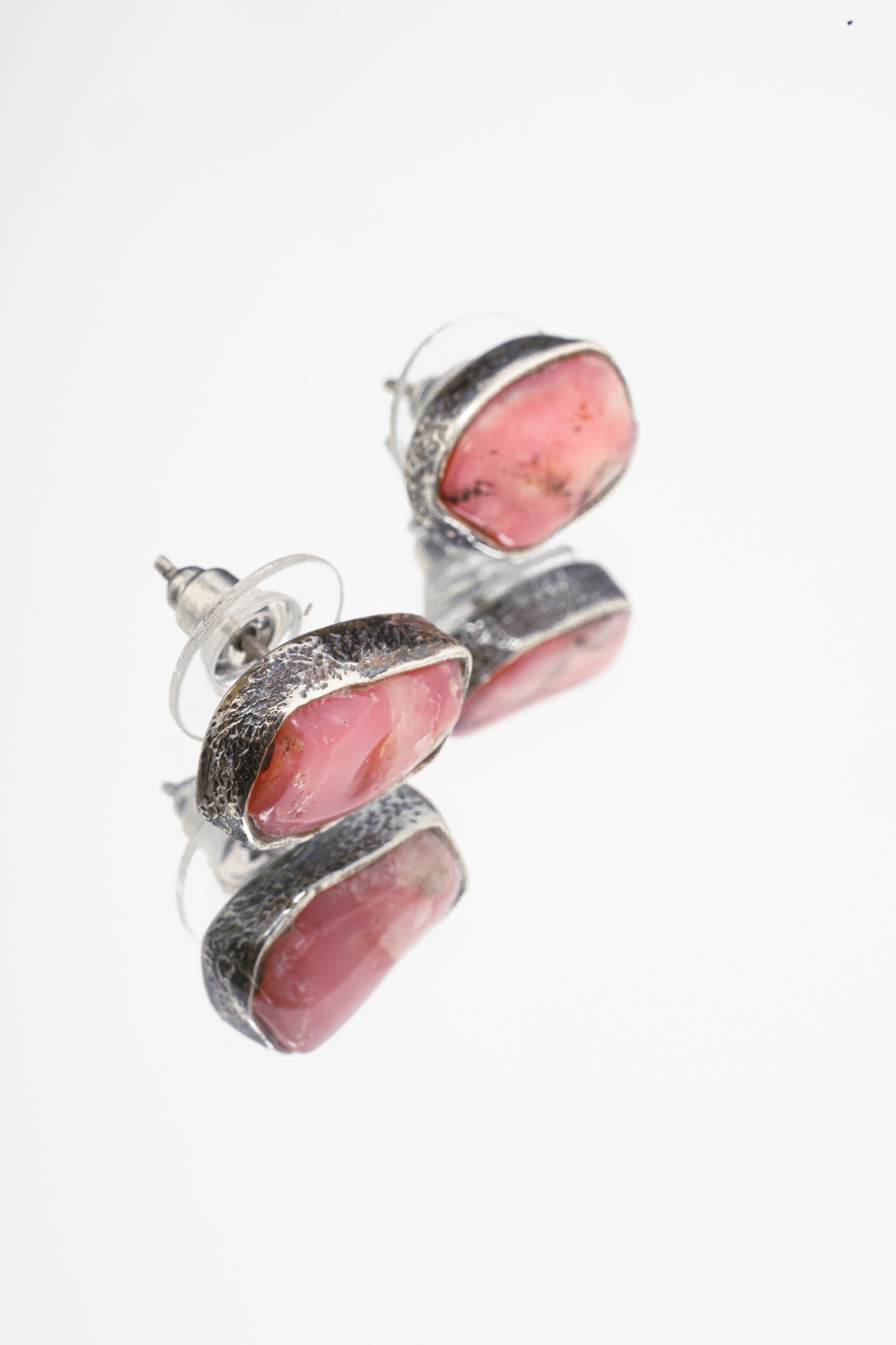 Gem Rhodochrosite Stud - Textured Finish - organic shaped Pair - Sterling Silver - Freeform Earring Studs