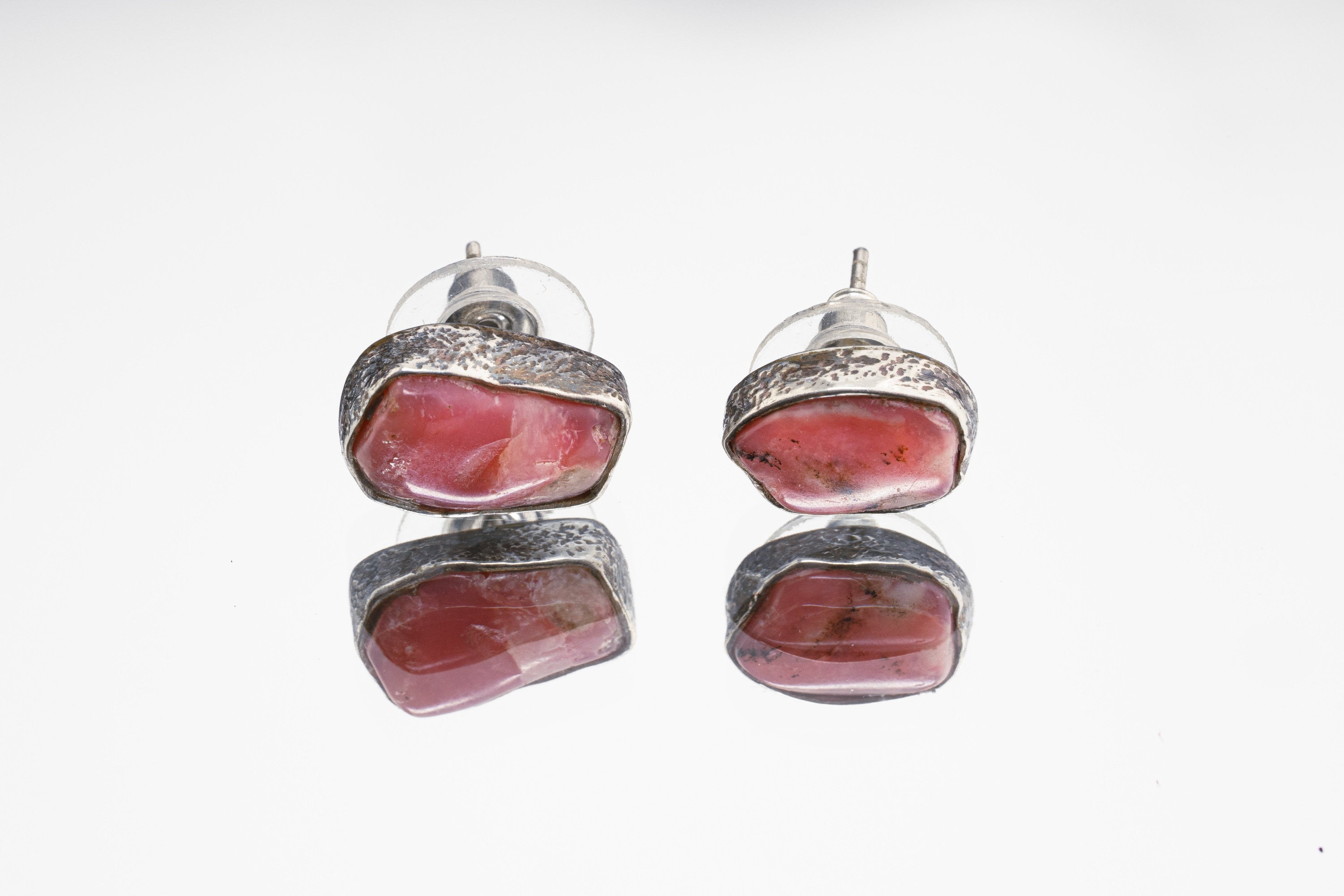 Gem Rhodochrosite Stud - Textured Finish - organic shaped Pair - Sterling Silver - Freeform Earring Studs