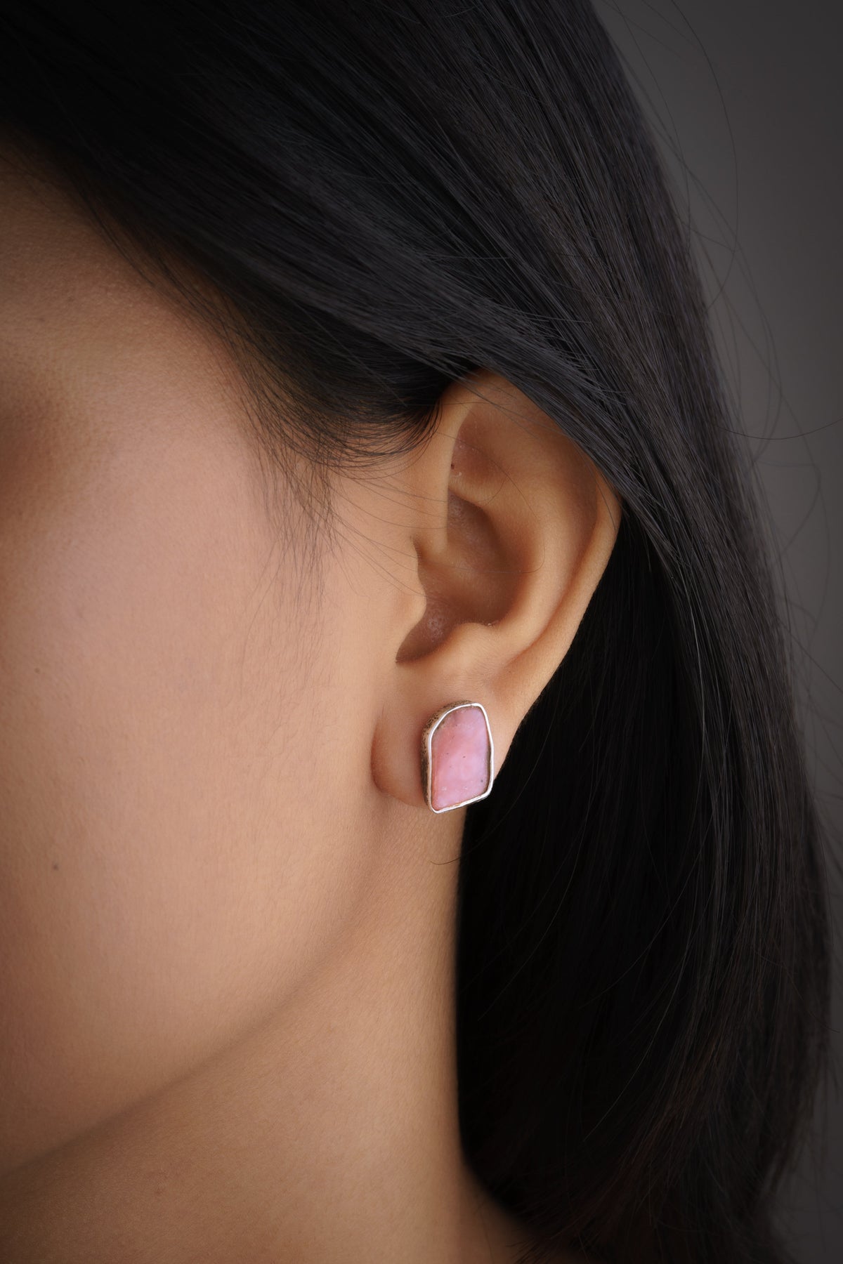 Gem Rhodochrosite Stud - Textured Finish - organic shaped Pair - Sterling Silver - Freeform Earring Studs
