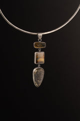 Three Stone Pyrite, Amber & Orange Kyanite - Textured 925 Sterling Silver - Crystal Pendant Neckpiece