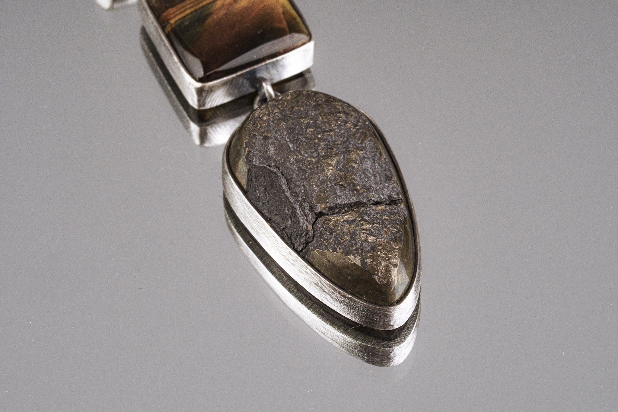 Three Stone Pyrite, Amber & Orange Kyanite - Textured 925 Sterling Silver - Crystal Pendant Neckpiece