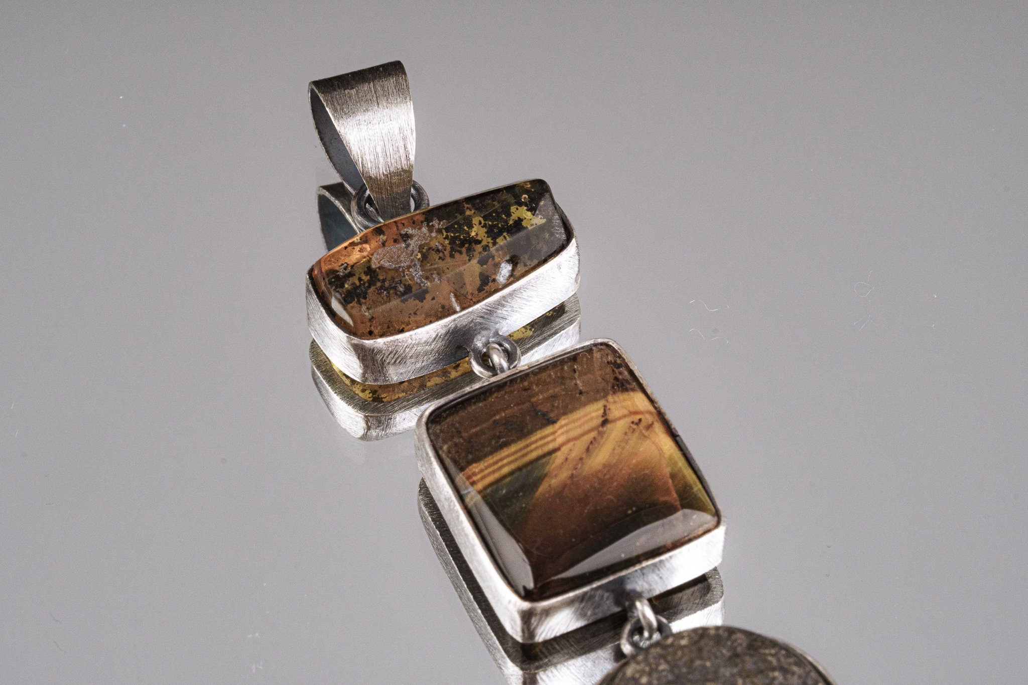 Three Stone Pyrite, Amber & Orange Kyanite - Textured 925 Sterling Silver - Crystal Pendant Neckpiece