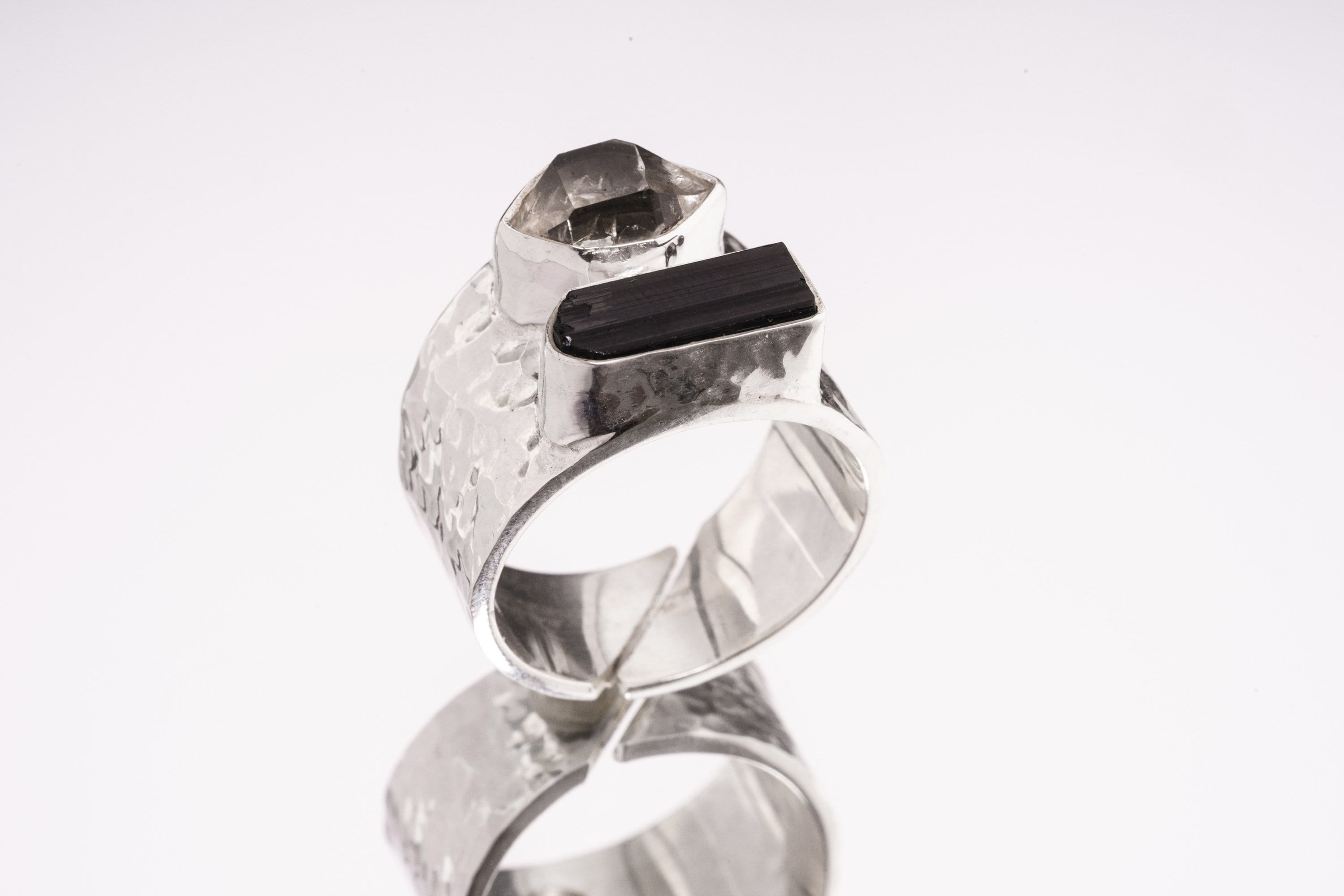 Hammered Sterling Silver Ring: Raw Black Tourmaline & Herkimer Diamond, Adjustable