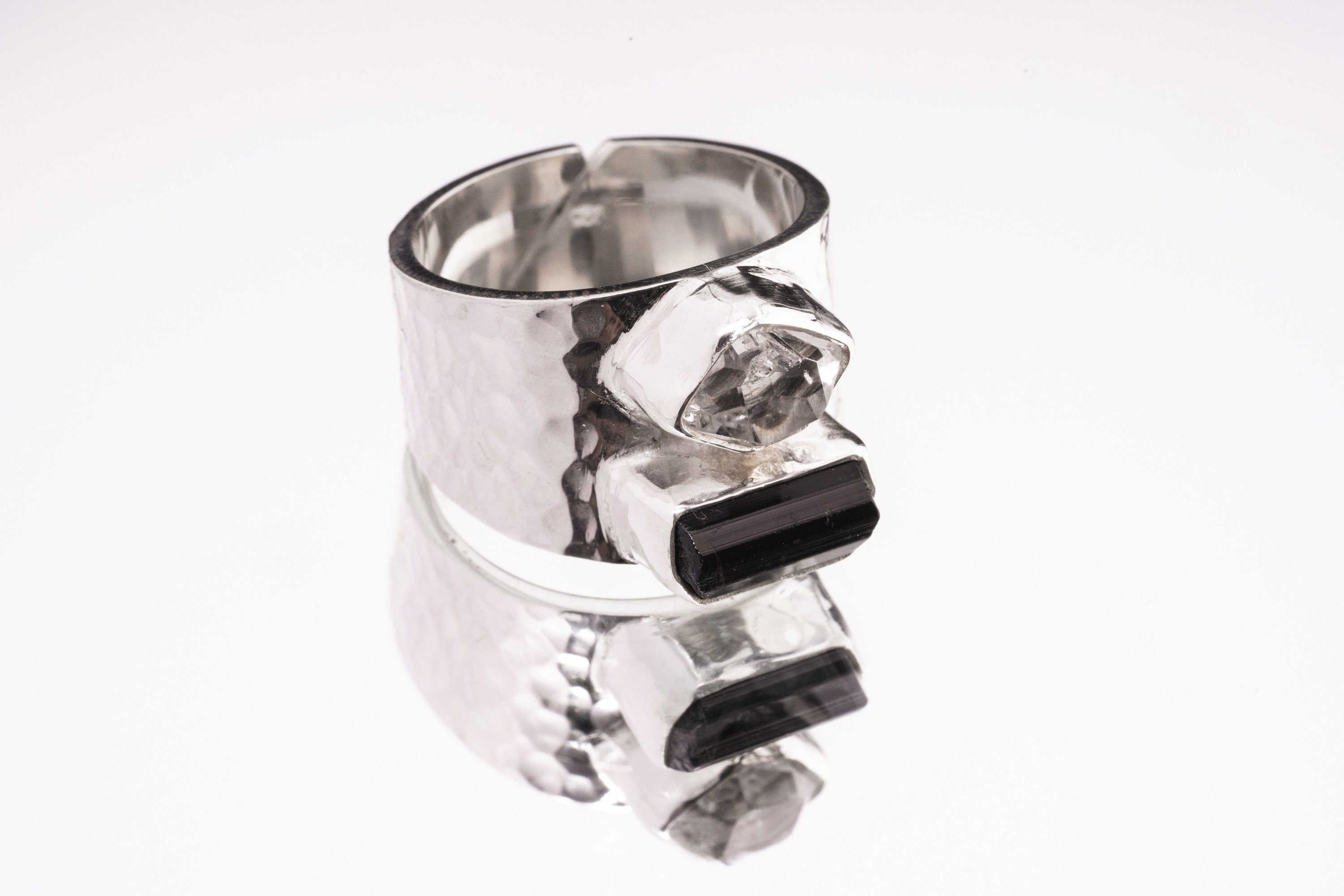 Raw Black Tourmaline Ring 925 Silver Herkimer Diamond Hammer Textured Adjustable Band Grounding Jewelry