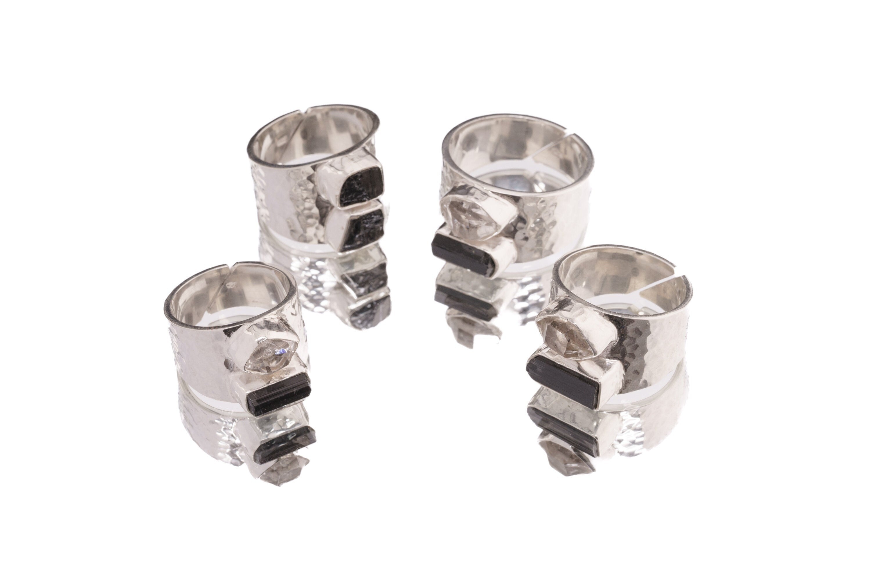 Chunky Raw Black Tourmaline & Herkimer Diamond - Men's Rings / Adjustable - Sterling Silver - Hammer Textured Finish - Made to Order