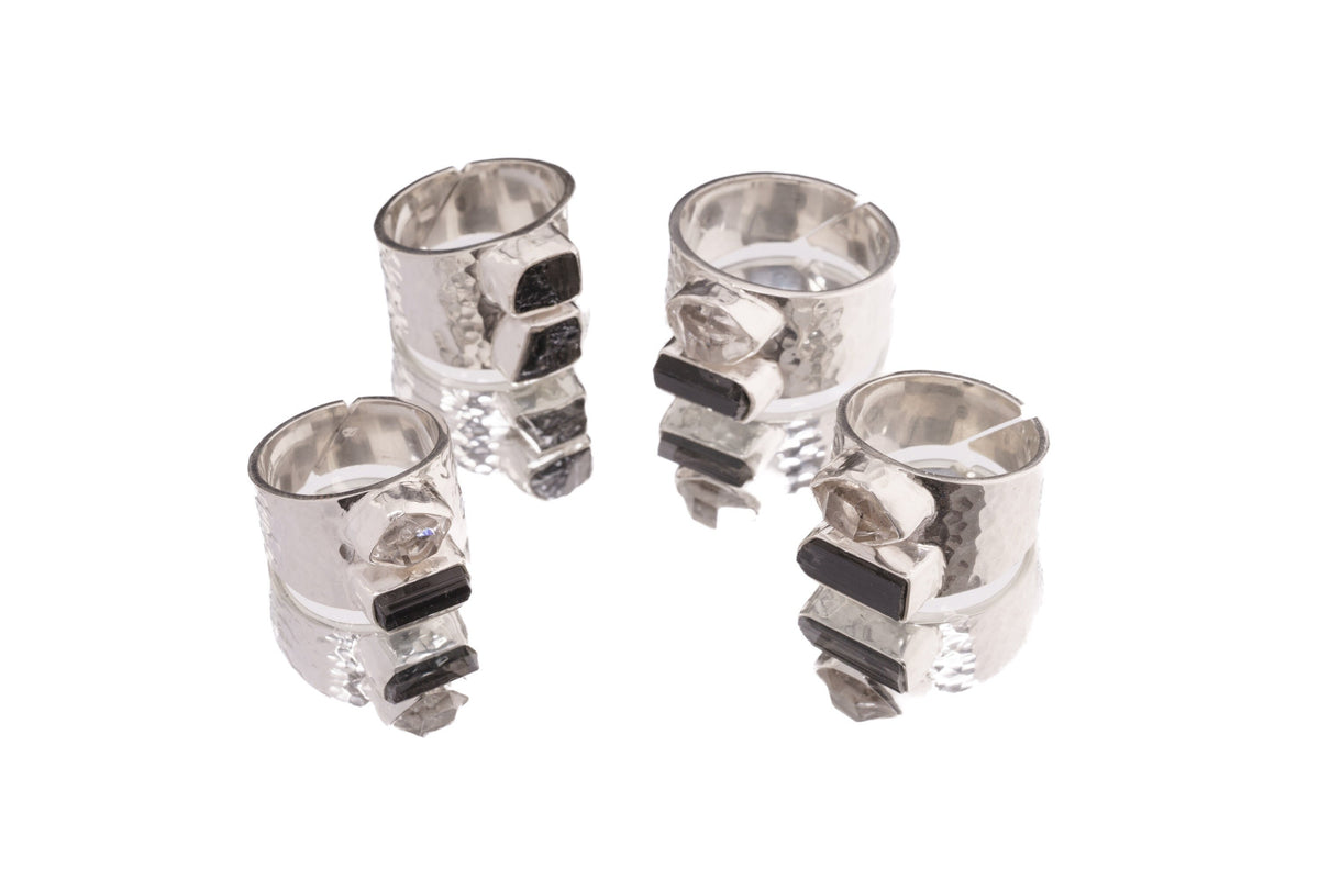 Chunky Raw Black Tourmaline & Herkimer Diamond - Men's Rings / Adjustable - Sterling Silver - Hammer Textured Finish - Made to Order