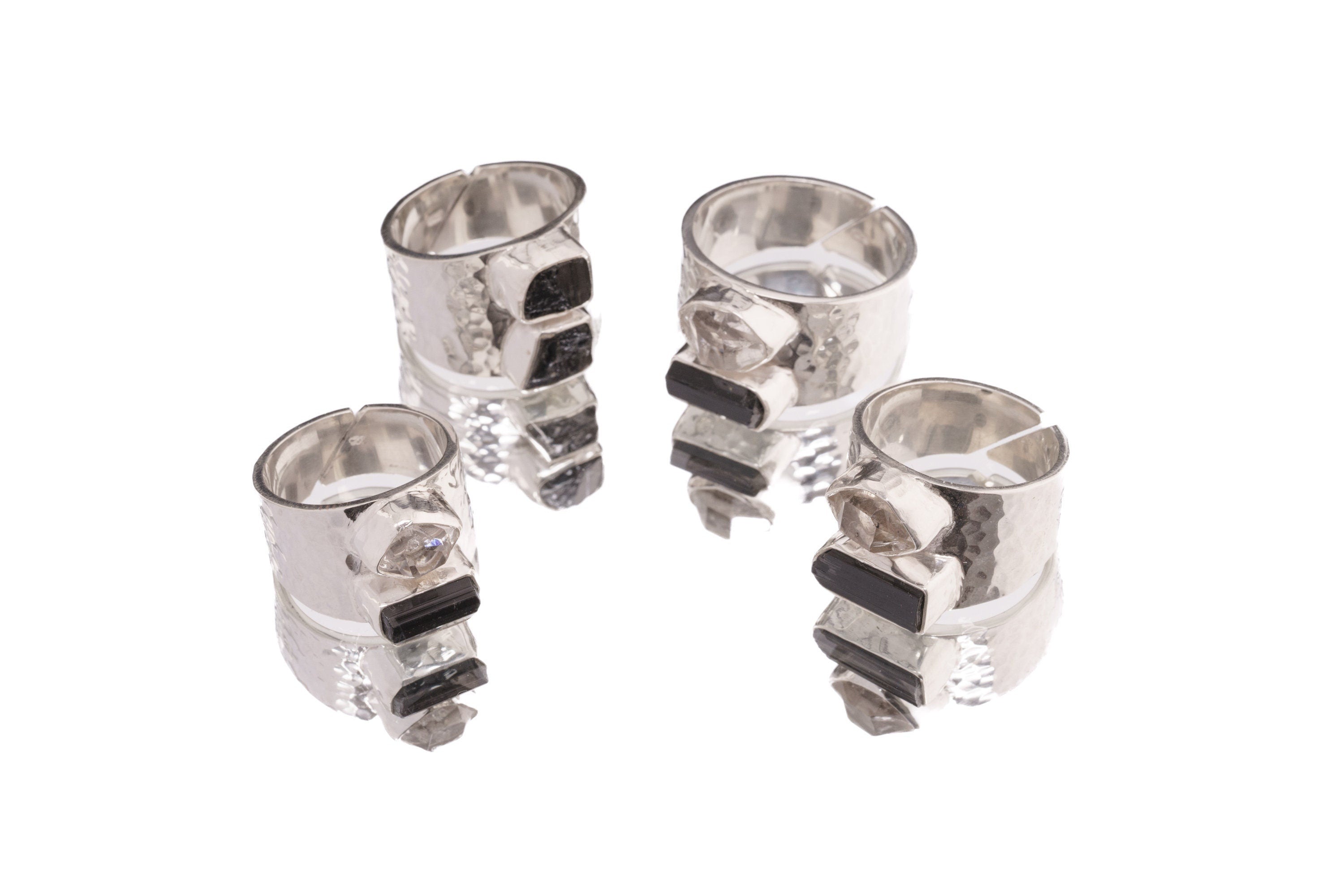 Chunky Raw Black Tourmaline & Herkimer Diamond - Men's Rings / Adjustable - Sterling Silver - Hammer Textured Finish - Made to Order