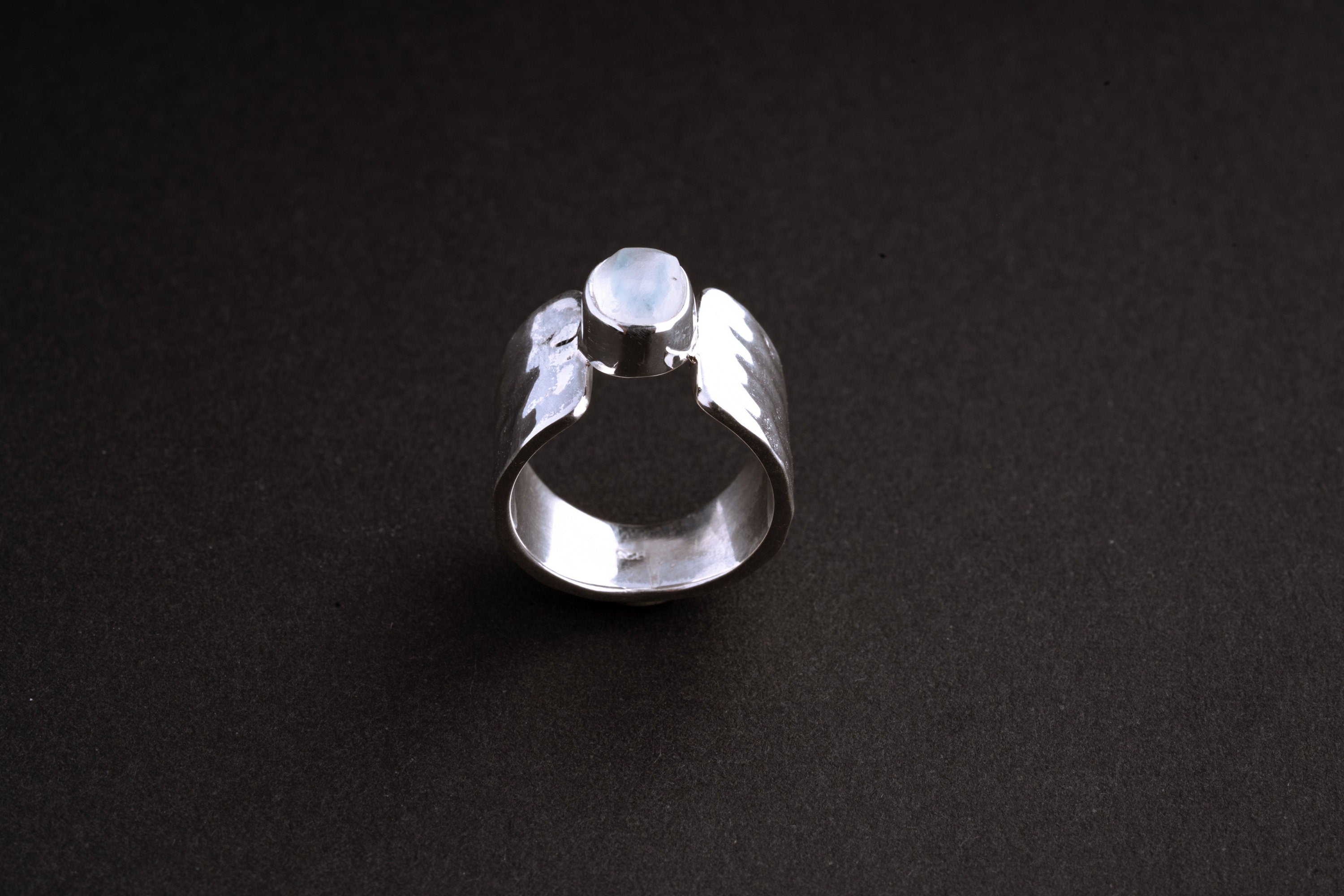 Blue Moonstone Ring in Hammered Sterling Silver – Rough Polished Cabochon, June Birthstone, Made to Order Size 5–10, Spiritual Gift