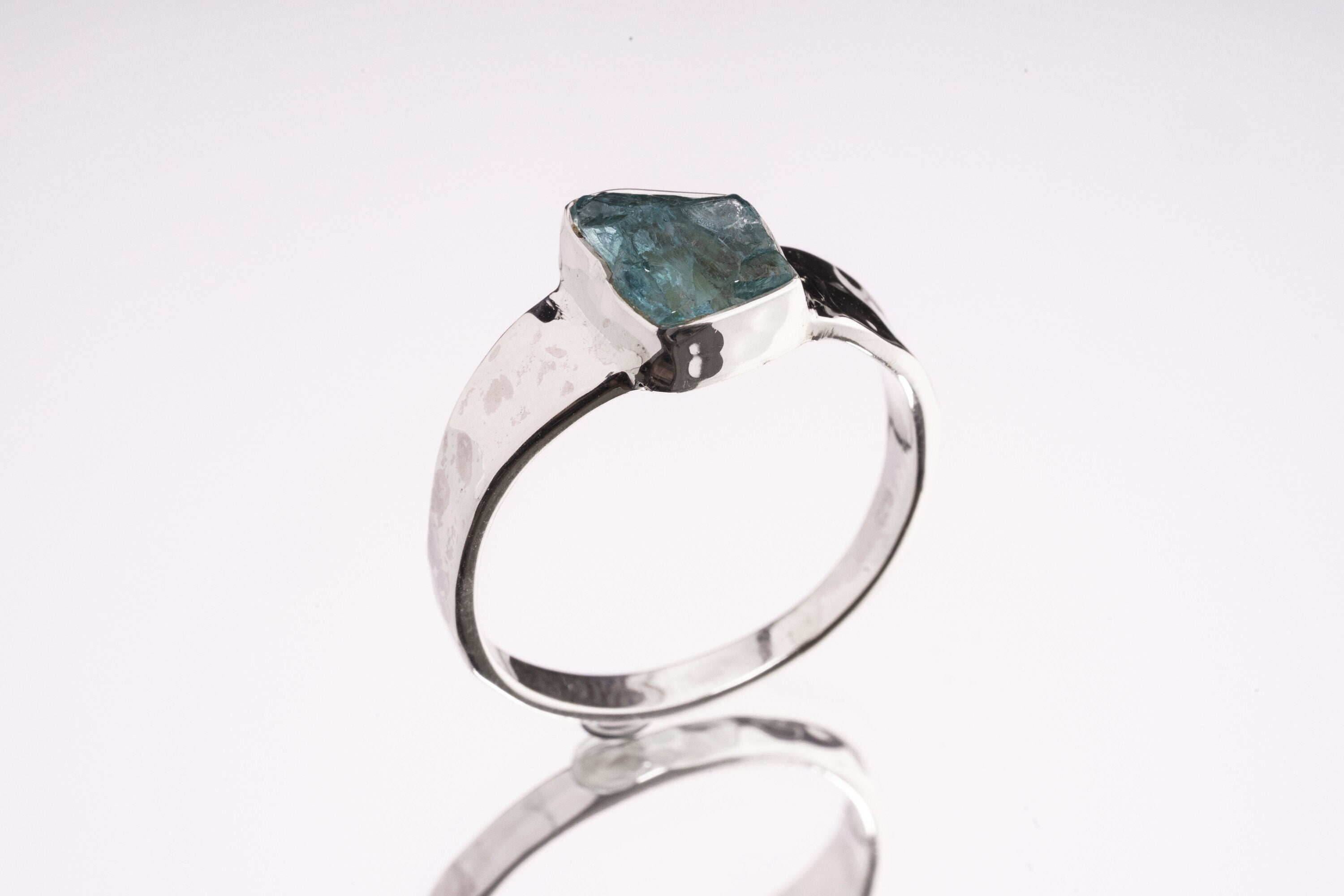 Raw Blue Apatite Ring: Hammered Sterling Silver Crystal Band