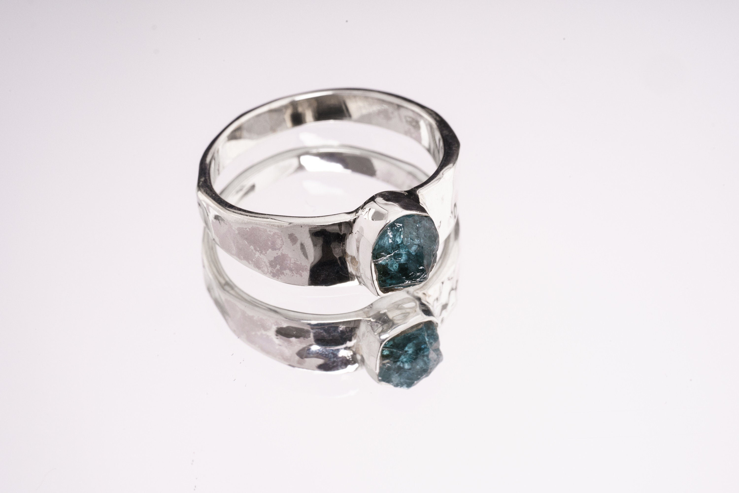 Raw Blue Apatite Ring: Hammered Sterling Silver Crystal Band