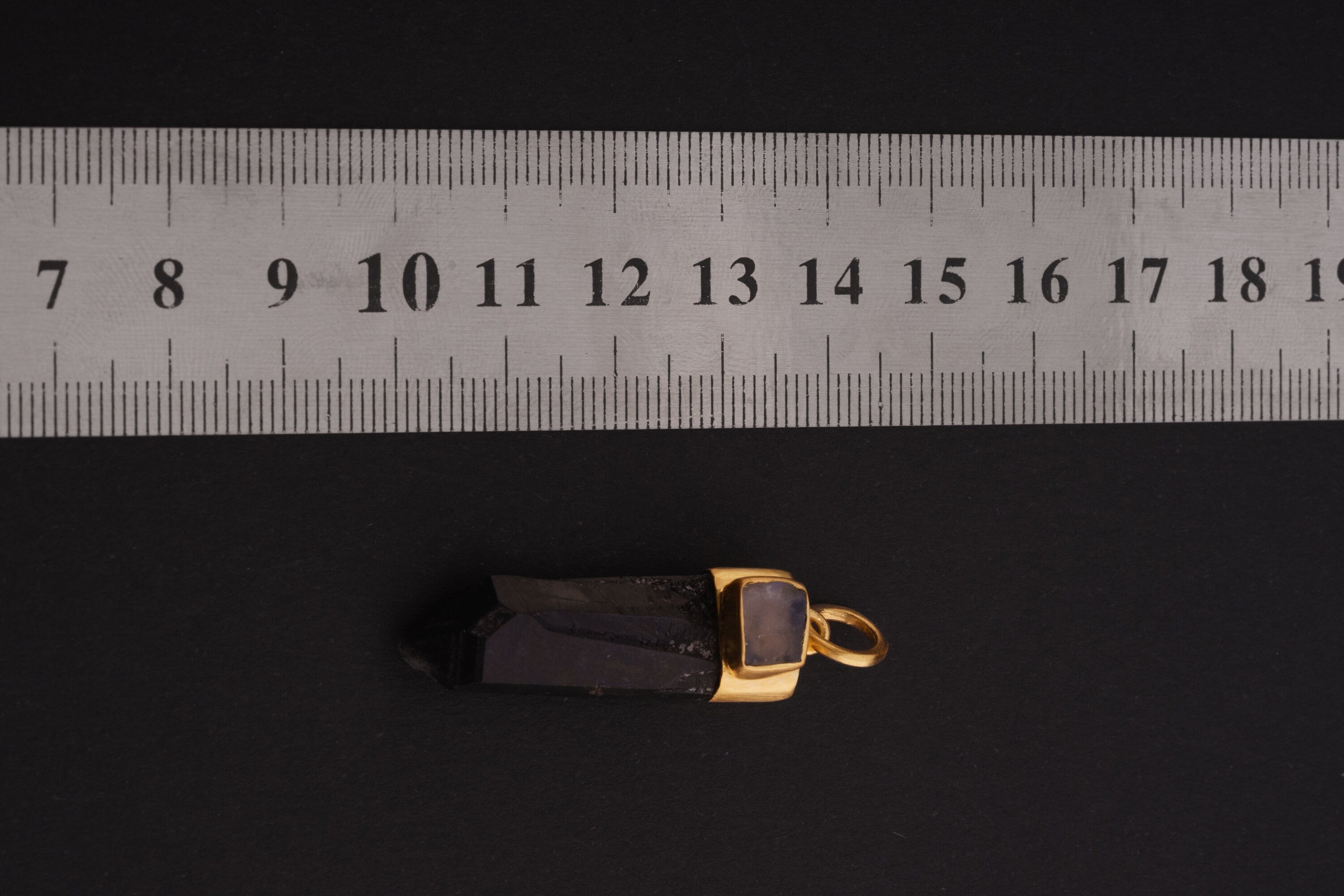 Dark Smokey Lemurian specialty Quartz point with a Raw Blue Moonstone - Gold Plated Sterling Silver - Crystal Necklace Pendant 7