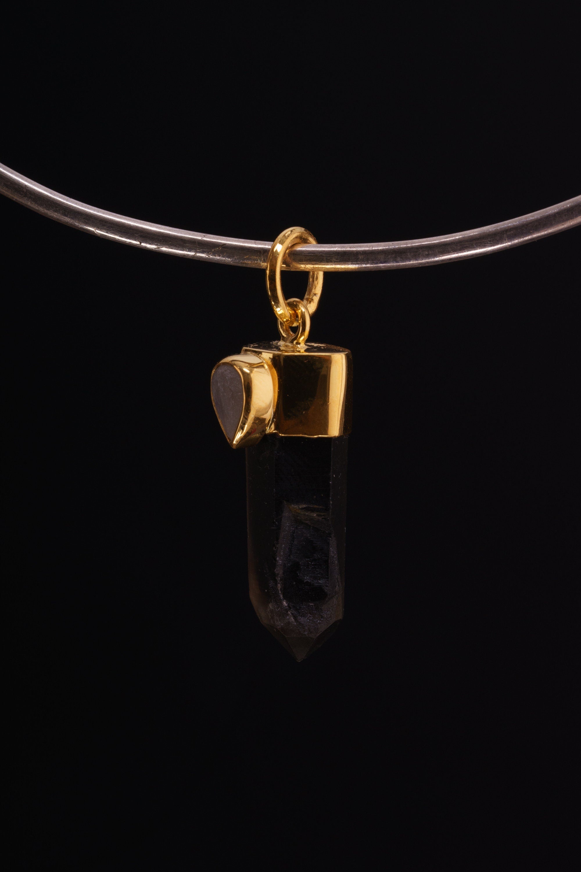 Gold Plated Sterling Silver Pendant with Australian Dark Smokey Lemurian Quartz Point & Raw Blue Teardrop Moonstone Elegant Crystal Necklace