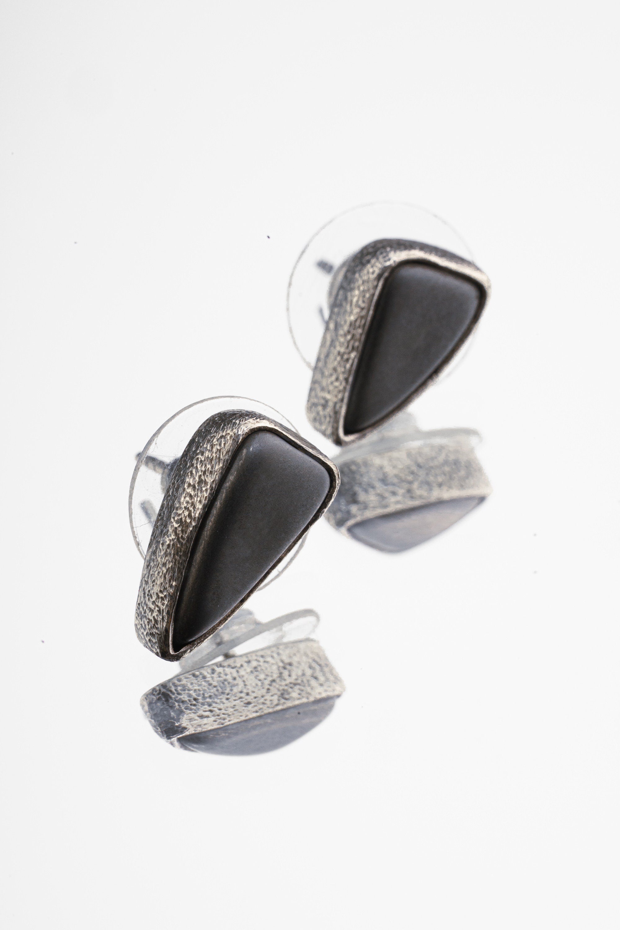 Hematite Stud- Textured Finish - organic shaped Pair - Sterling Silver - Freeform Earring Studs