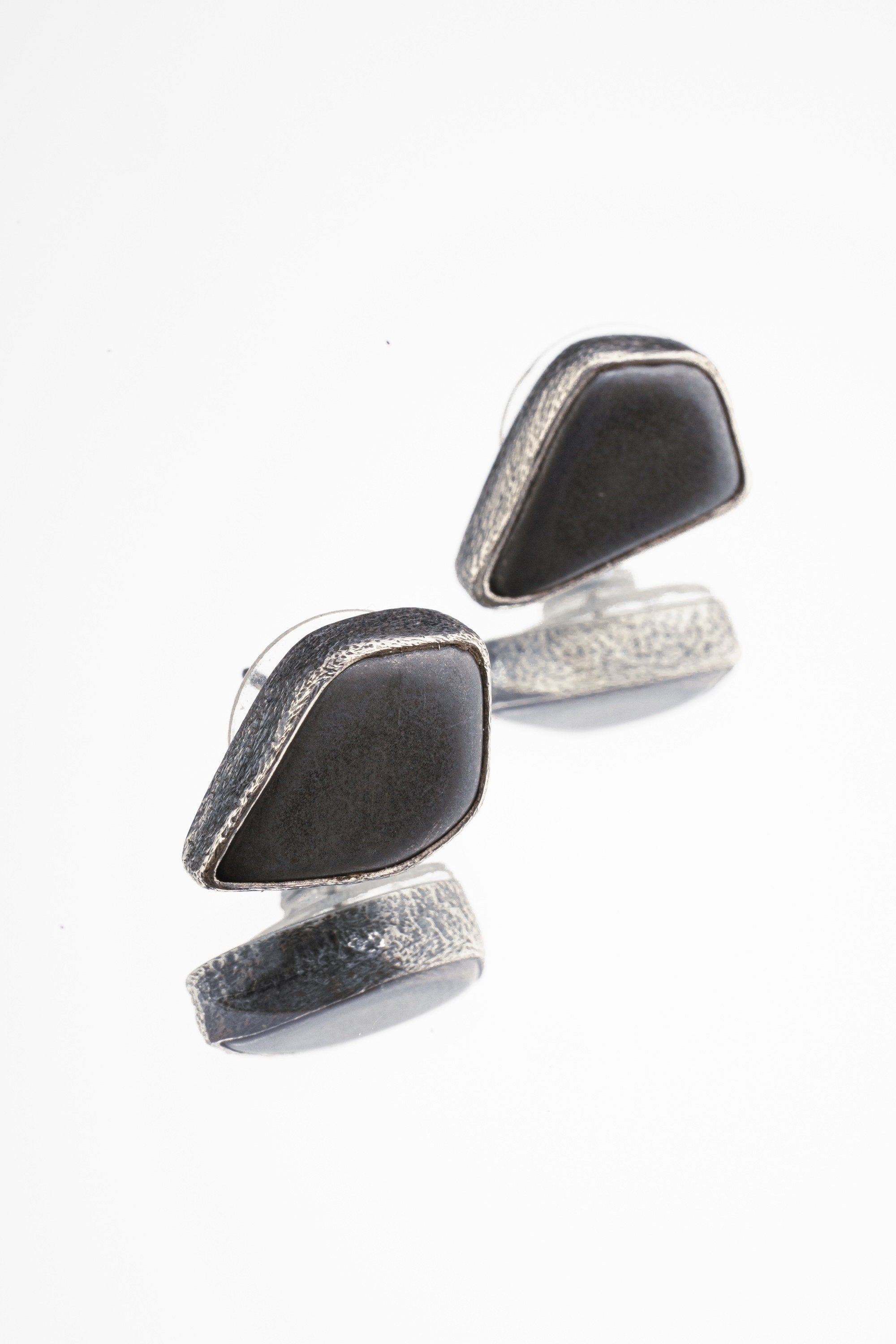 Hematite Stud- Textured Finish - organic shaped Pair - Sterling Silver - Freeform Earring Studs