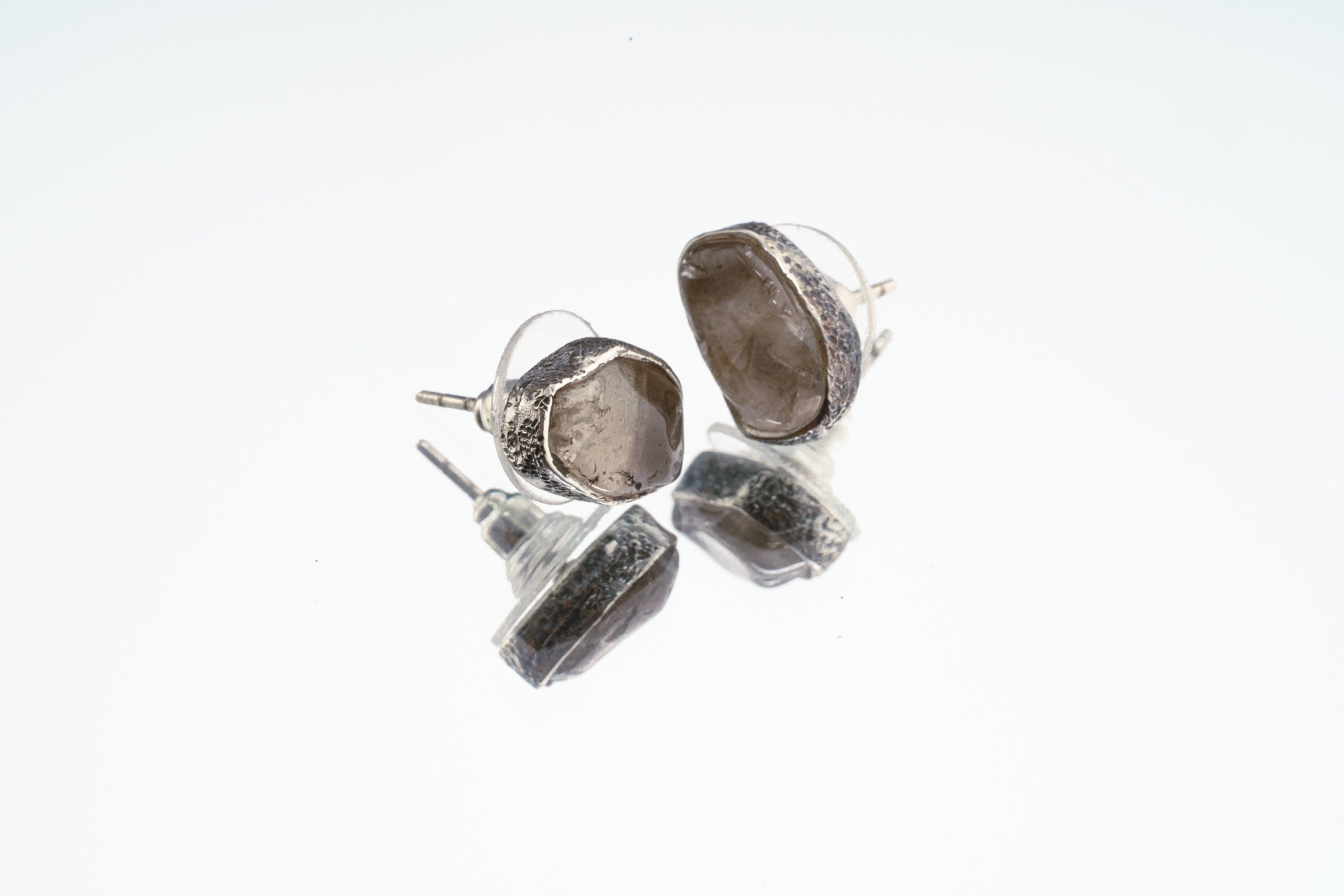 Smoky Quartz Stud -Textured Finish - organic shaped Pair- Sterling Silver - Freeform Earring Studs