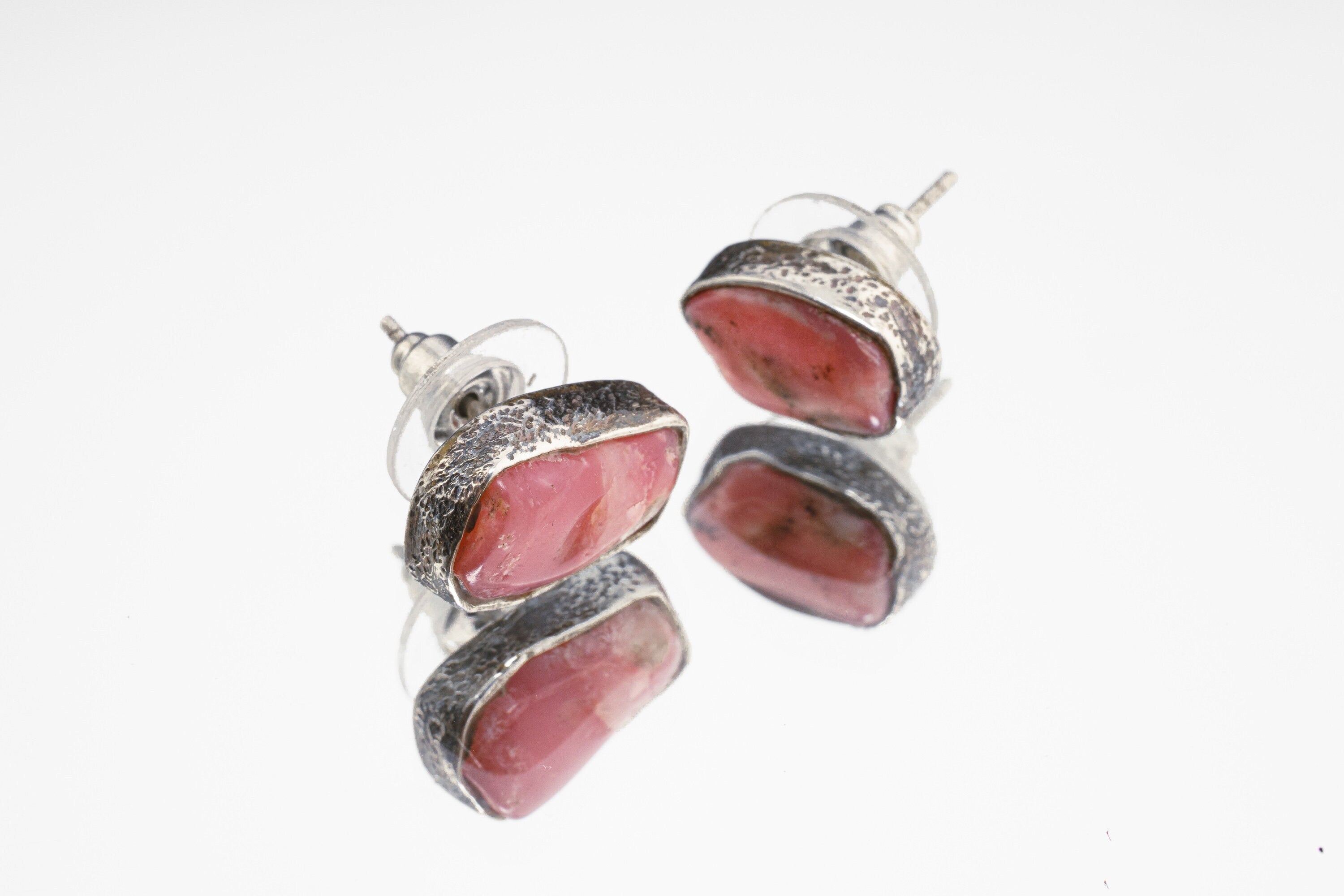 Gem Rhodochrosite Stud - Textured Finish - organic shaped Pair - Sterling Silver - Freeform Earring Studs