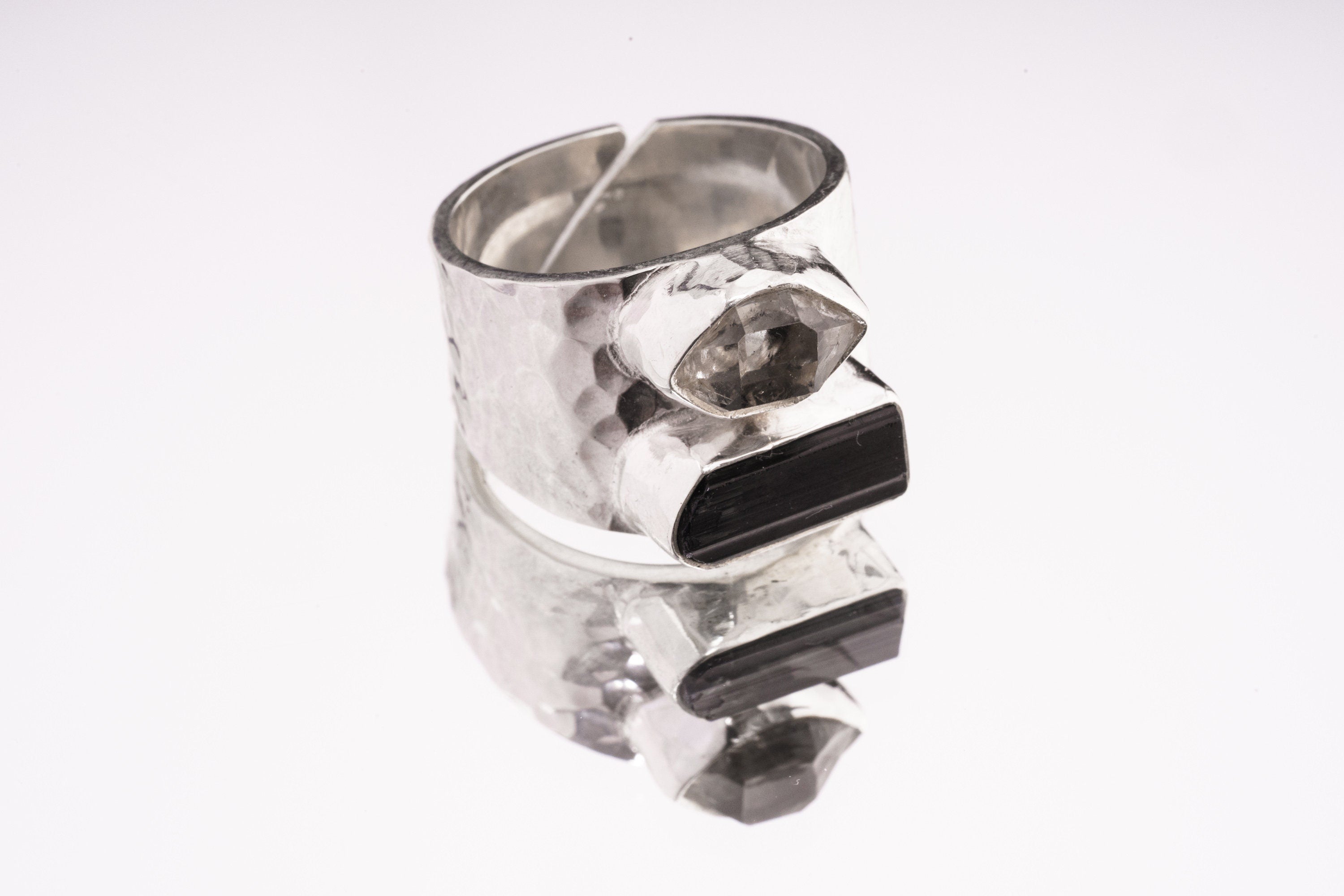 Hammered Sterling Silver Ring: Raw Black Tourmaline & Herkimer Diamond, Adjustable