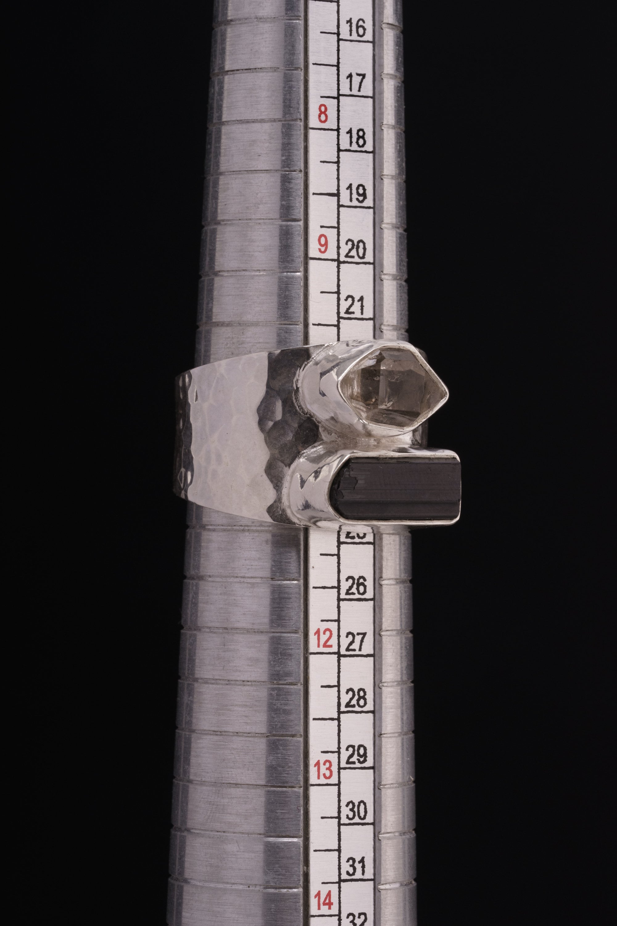 A Grade Basra Pearl Ring shown beside a ruler for scale with oxidized sterling silver band and natural pearl.