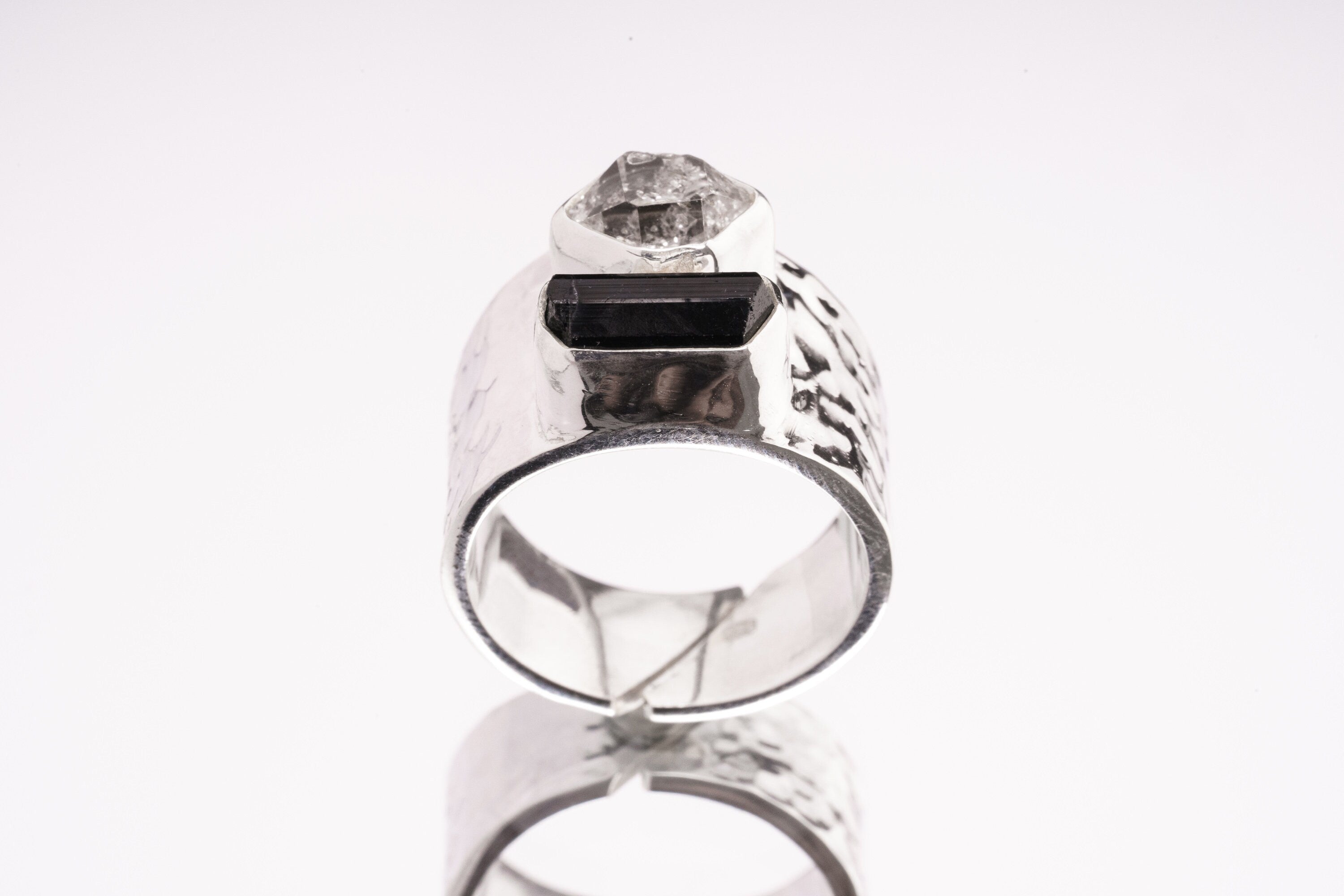 Chunky Raw Black Tourmaline & Herkimer Diamond - Men's Rings / Adjustable - Sterling Silver - Hammer Textured Finish - Made to Order