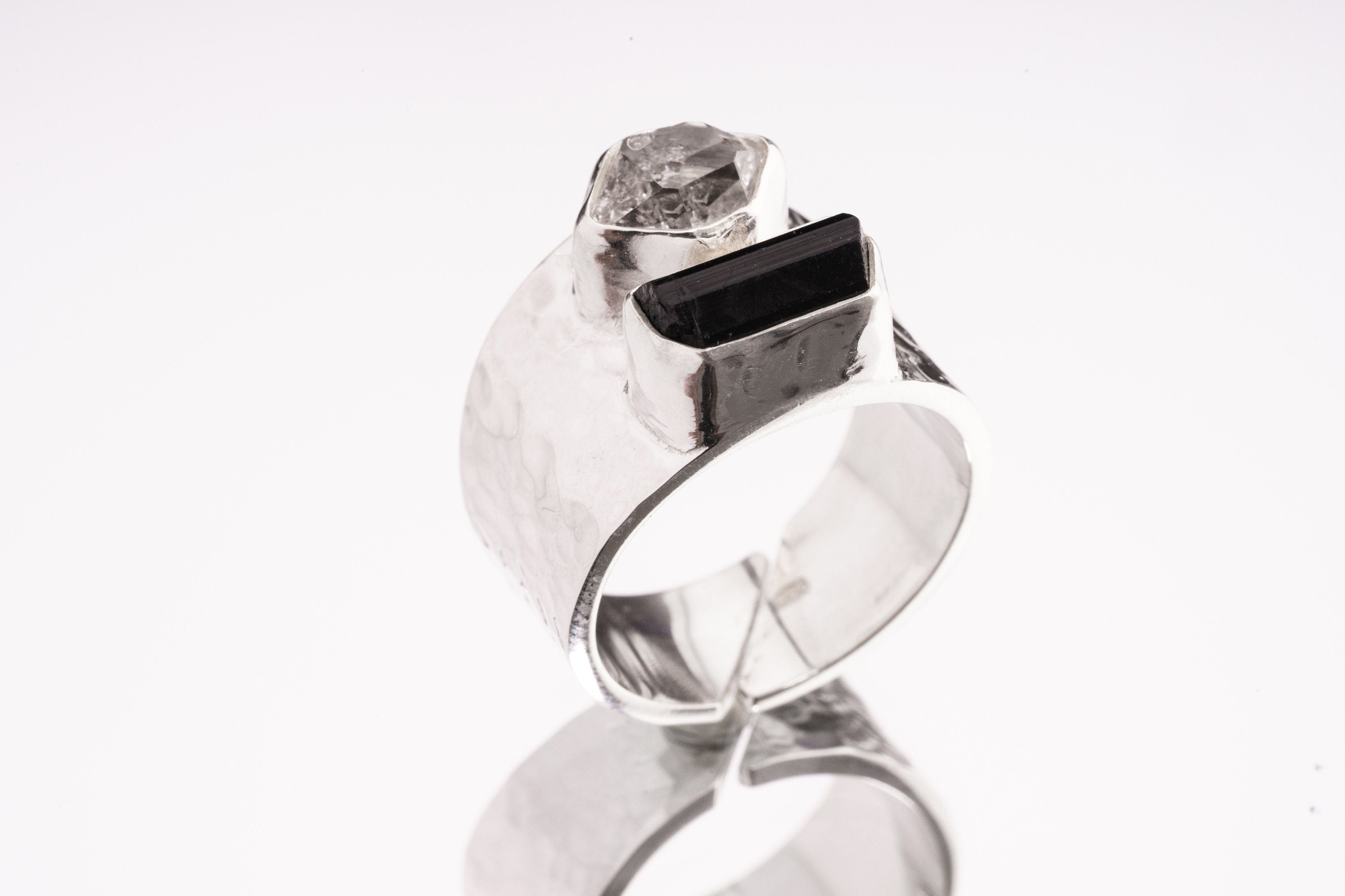 Raw Black Tourmaline Ring 925 Silver Herkimer Diamond Hammer Textured Adjustable Band Grounding Jewelry