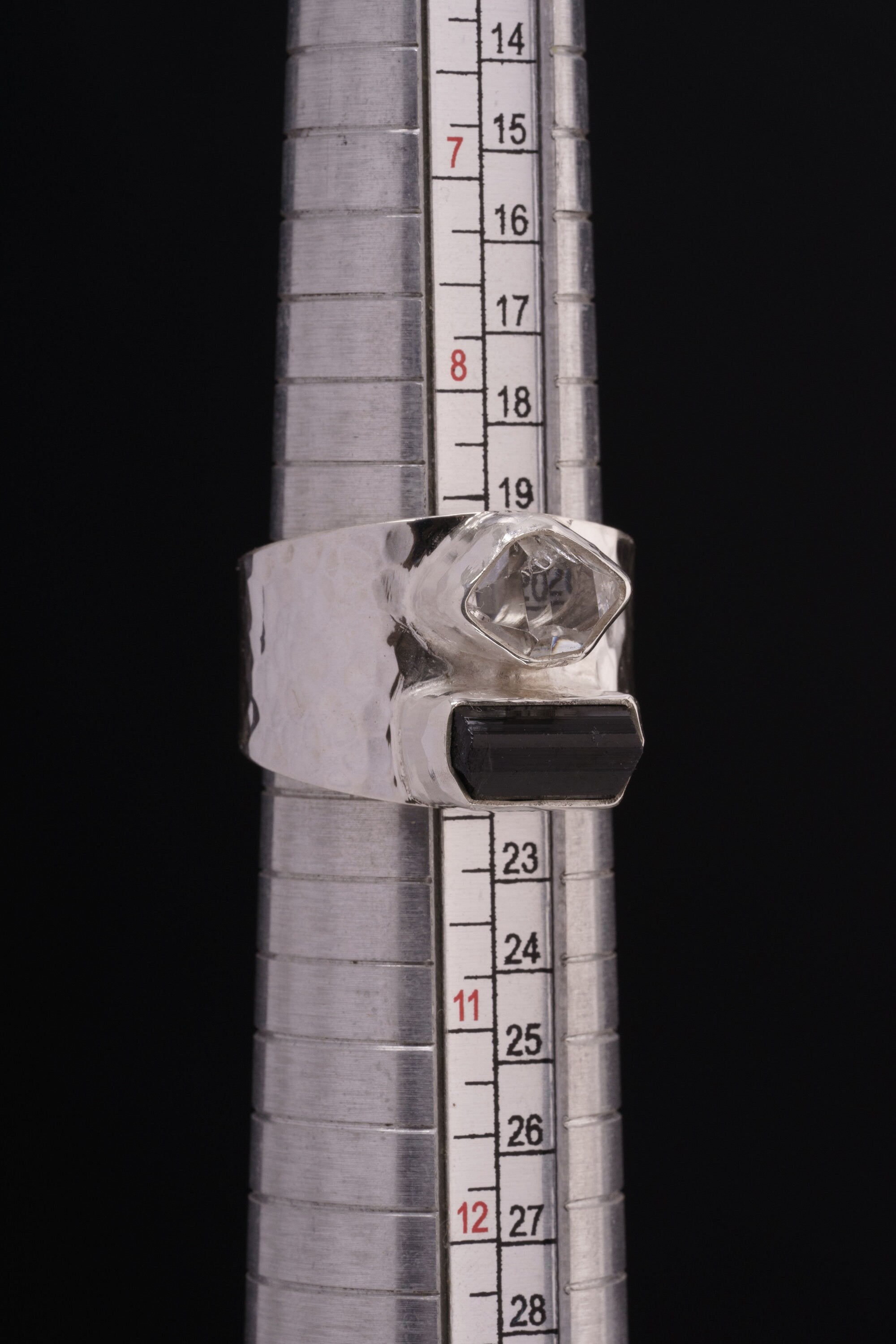 Chunky Raw Black Tourmaline & Herkimer Diamond - Men's Rings / Adjustable - Sterling Silver - Hammer Textured Finish - Made to Order