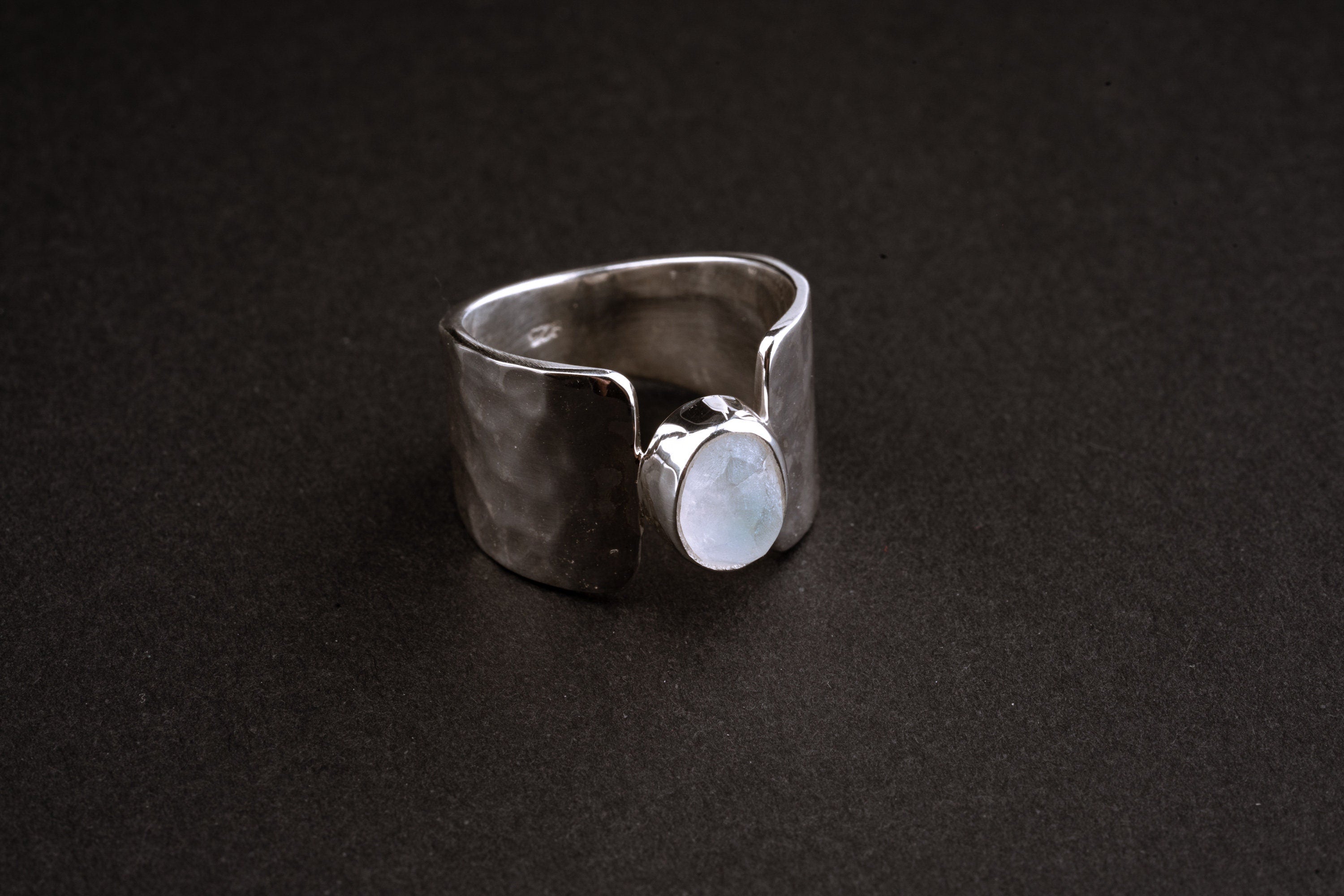 Blue Moonstone Ring 925 Sterling Silver Hammered Wide Band June Birthstone Third Eye Chakra Cancer Libra Gift