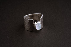 Blue Moonstone Ring 925 Sterling Silver Hammered Wide Band June Birthstone Third Eye Chakra Cancer Libra Gift