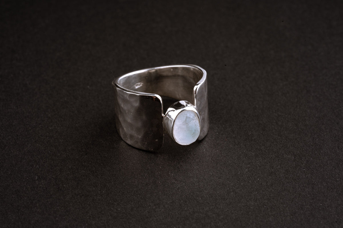 Blue Moonstone Ring in Hammered Sterling Silver – Rough Polished Cabochon, June Birthstone, Made to Order Size 5–10, Spiritual Gift