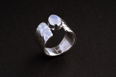 Blue Moonstone Ring in Hammered Sterling Silver – Rough Polished Cabochon, June Birthstone, Made to Order Size 5–10, Spiritual Gift