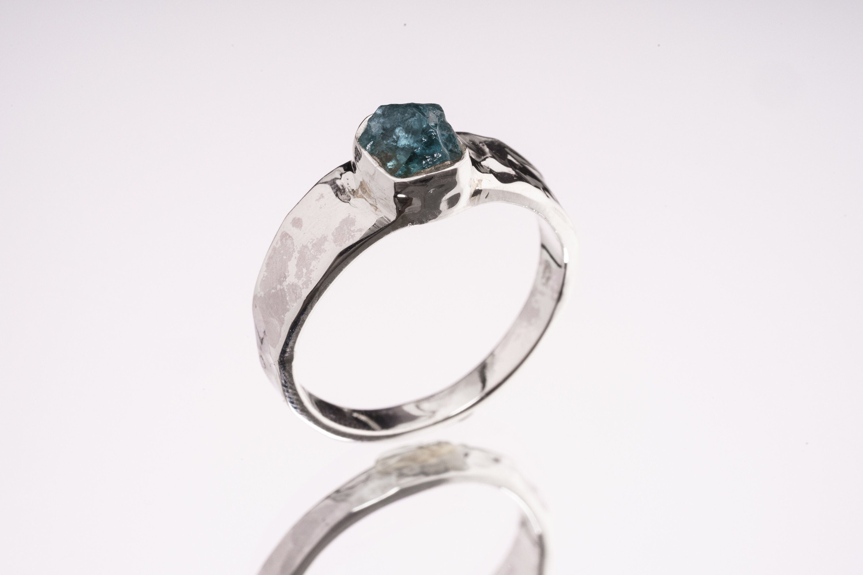 Raw Blue Apatite Ring: Hammered Sterling Silver Crystal Band
