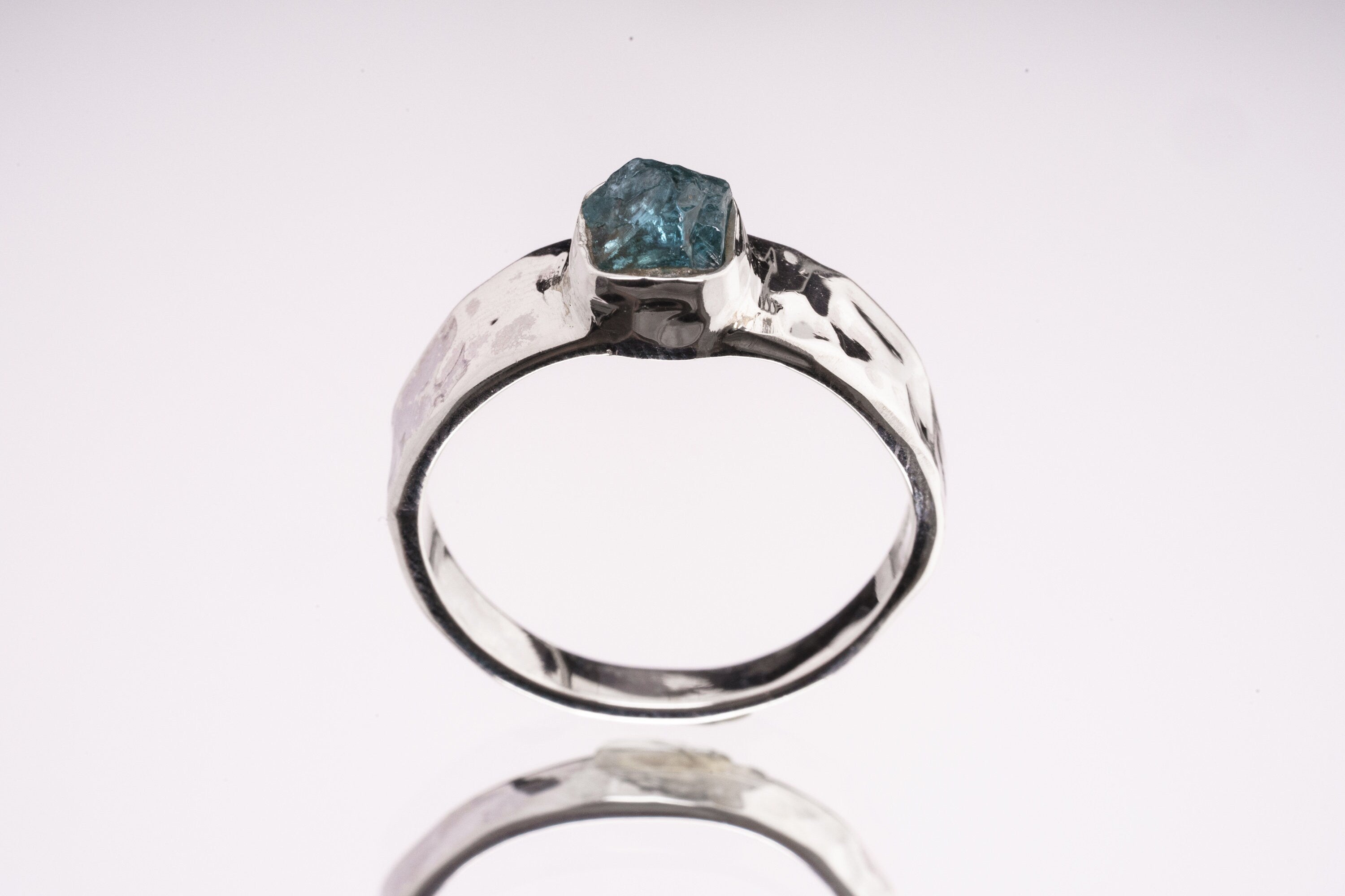 Raw Blue Apatite Ring: Hammered Sterling Silver Crystal Band