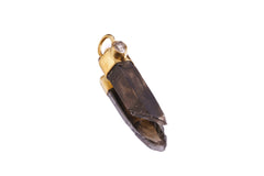 Handfossicked Australian Dark Smoky Lemurian Quartz Point & Herkimer Diamond Pendant in Gold Plated Sterling Silver Elegant Crystal Necklace