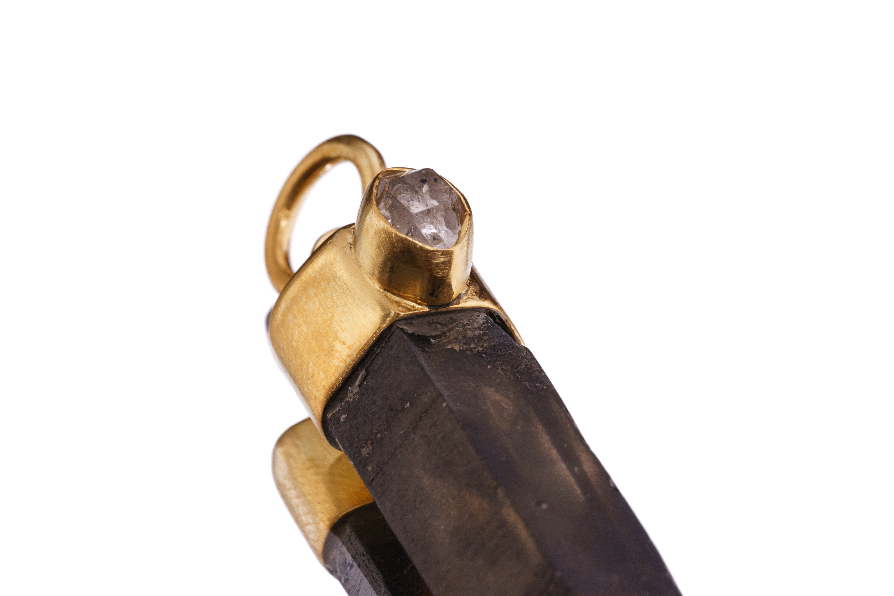 Handfossicked Australian Dark Smoky Lemurian Quartz Point & Herkimer Diamond Pendant in Gold Plated Sterling Silver Elegant Crystal Necklace