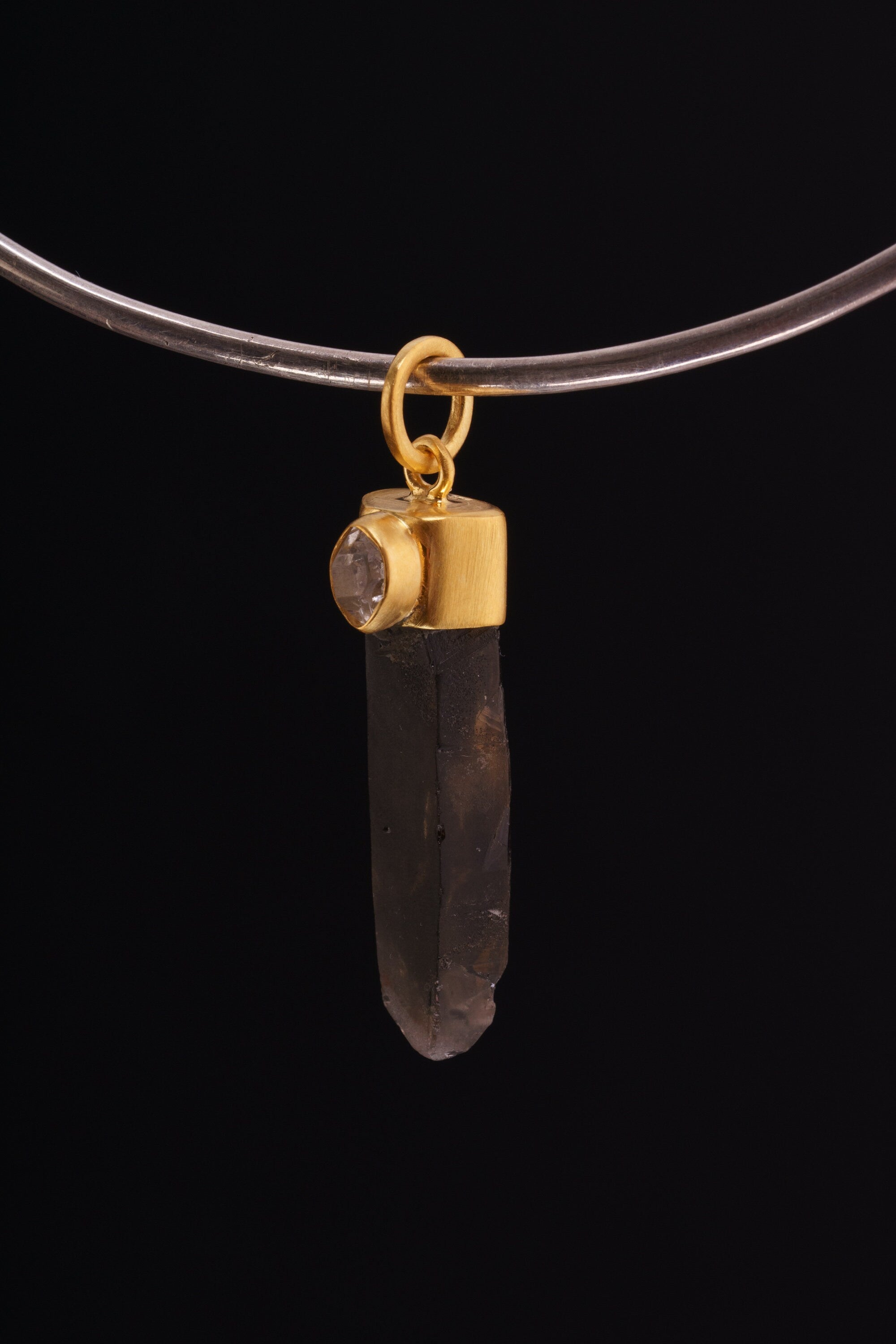 Dark Smokey Lemurian specialty Quartz point with a perfect Herkimer Diamond - Gold Plated Sterling Silver - Crystal Necklace Pendant 4