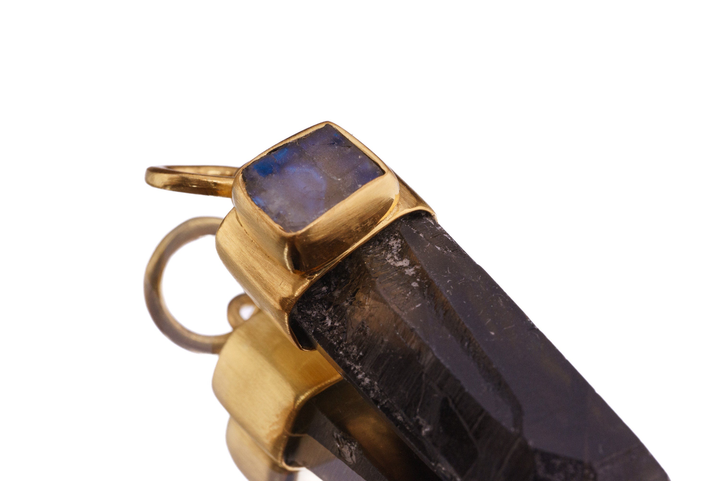 Dark Smokey Lemurian specialty Quartz point with a Raw Blue Moonstone - Gold Plated Sterling Silver - Crystal Necklace Pendant 7