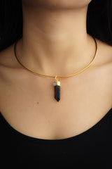 Dark Smokey Lemurian specialty Quartz point with a Raw Blue Moonstone - Gold Plated Sterling Silver - Crystal Necklace Pendant 7